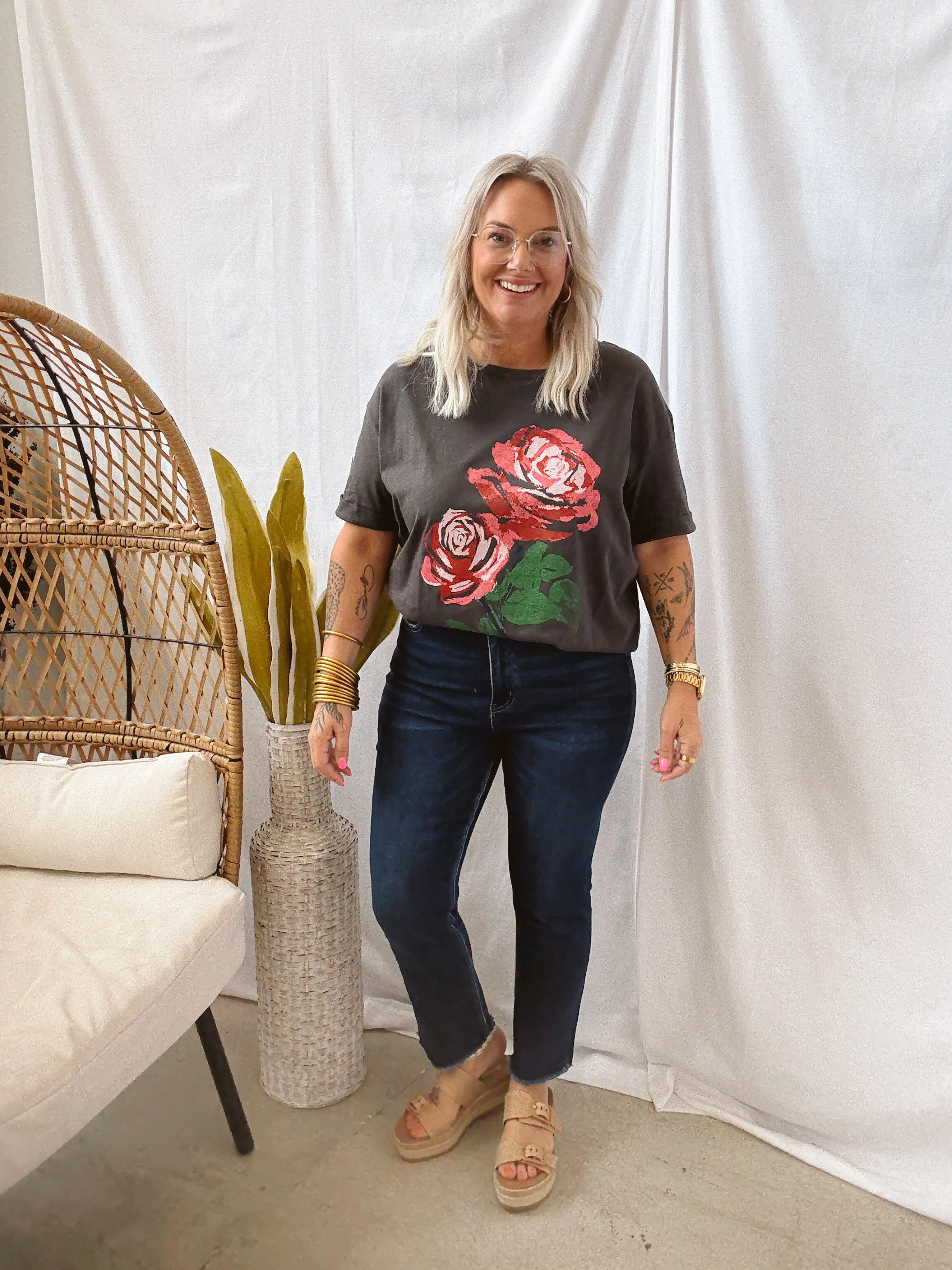 Vintage Rose Black Tee