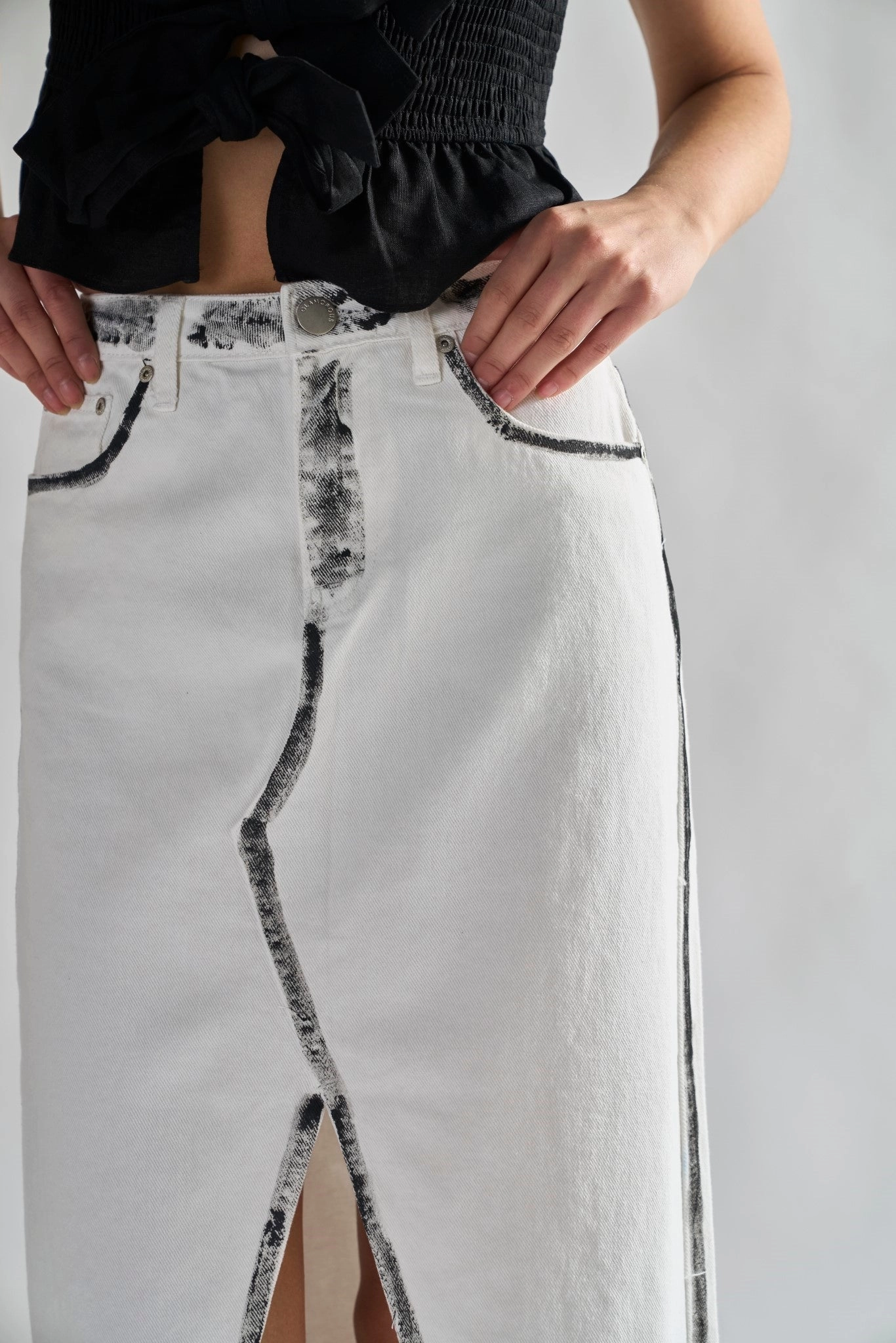 White-Black Edges Denim Straight Midi-Skirt