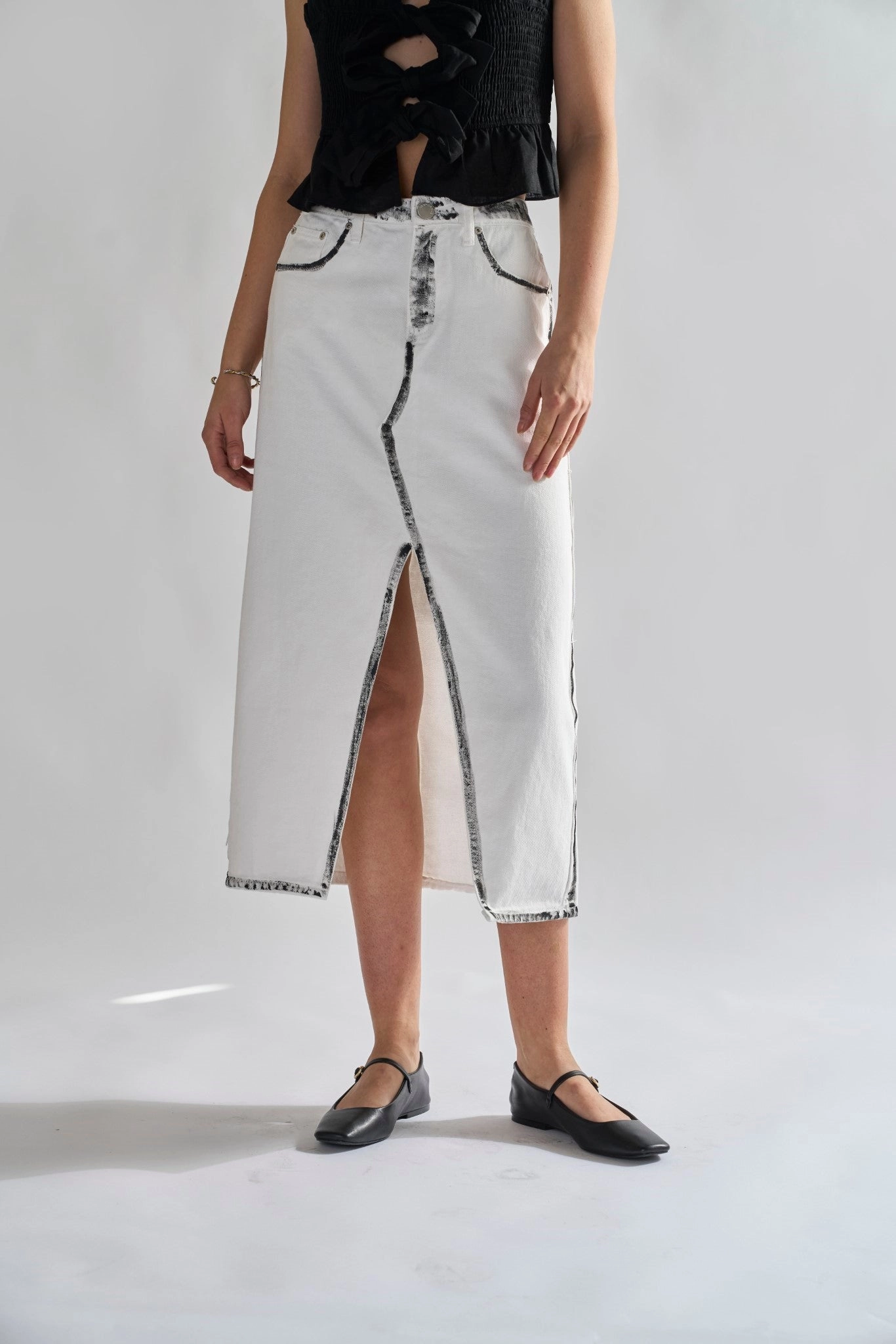 White-Black Edges Denim Straight Midi-Skirt