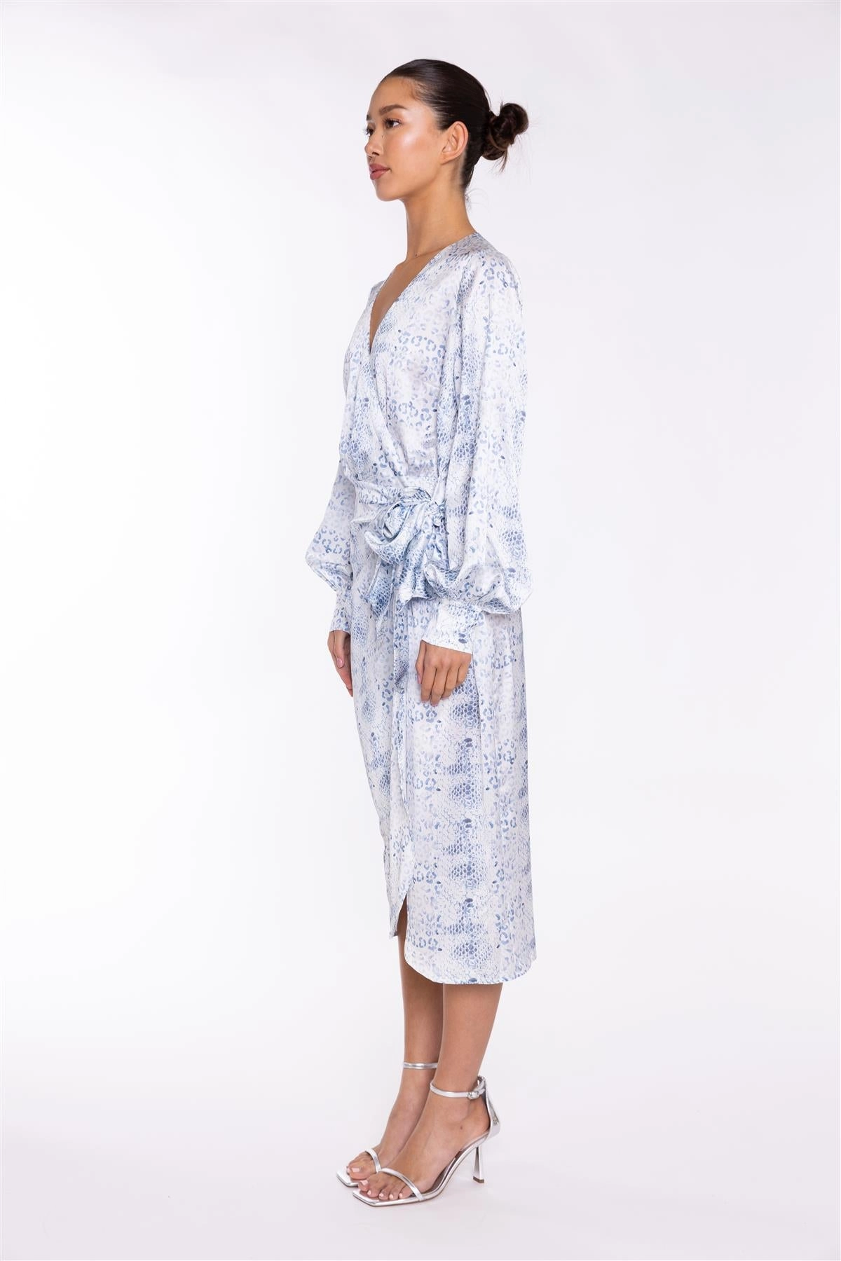 White-Blue Animal Wrap Midi-Dress