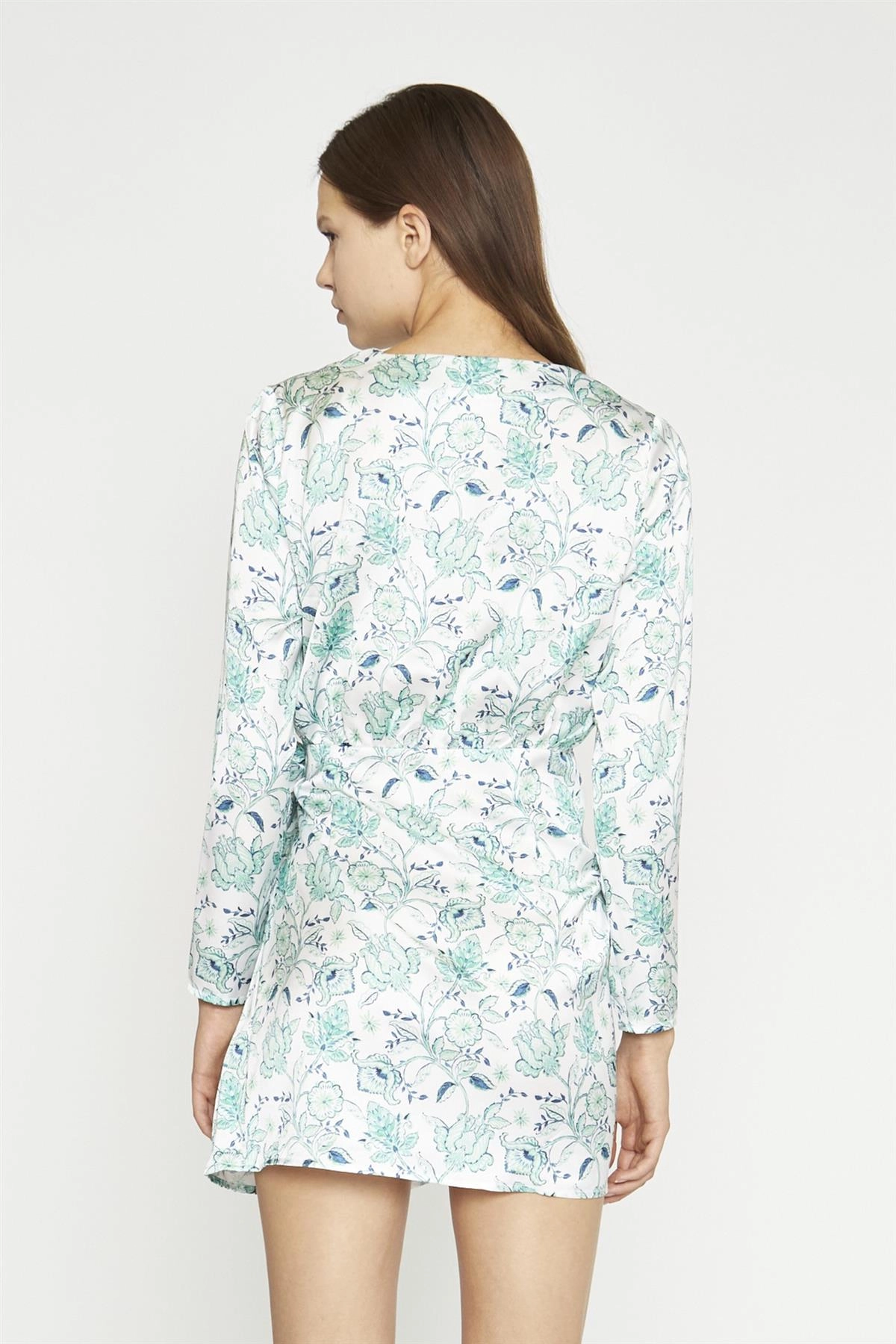 White-Mint Paisley Satin Wrap Mini-Dress