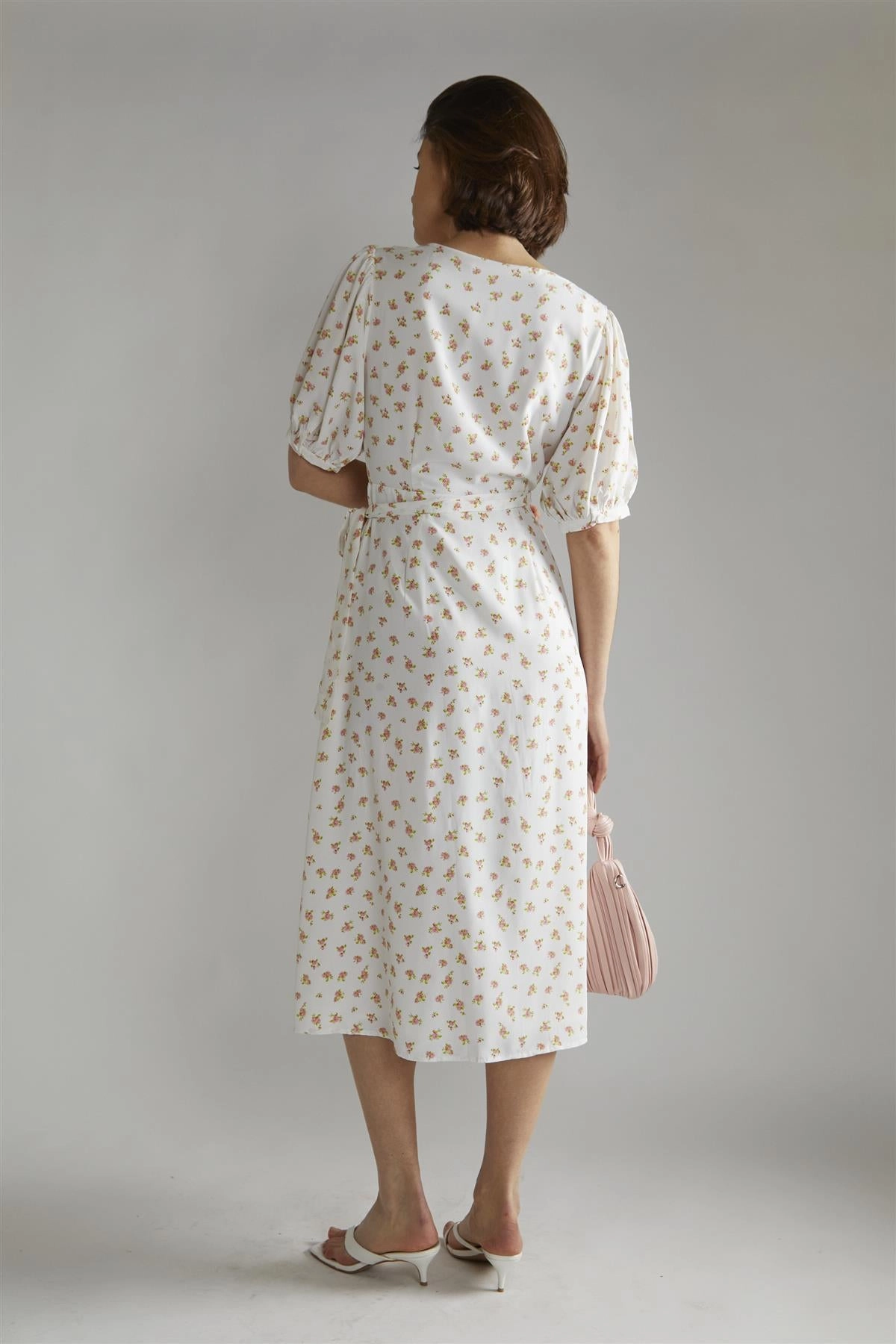 White Pink Ditsy V-neck Wrap Midi-Dress