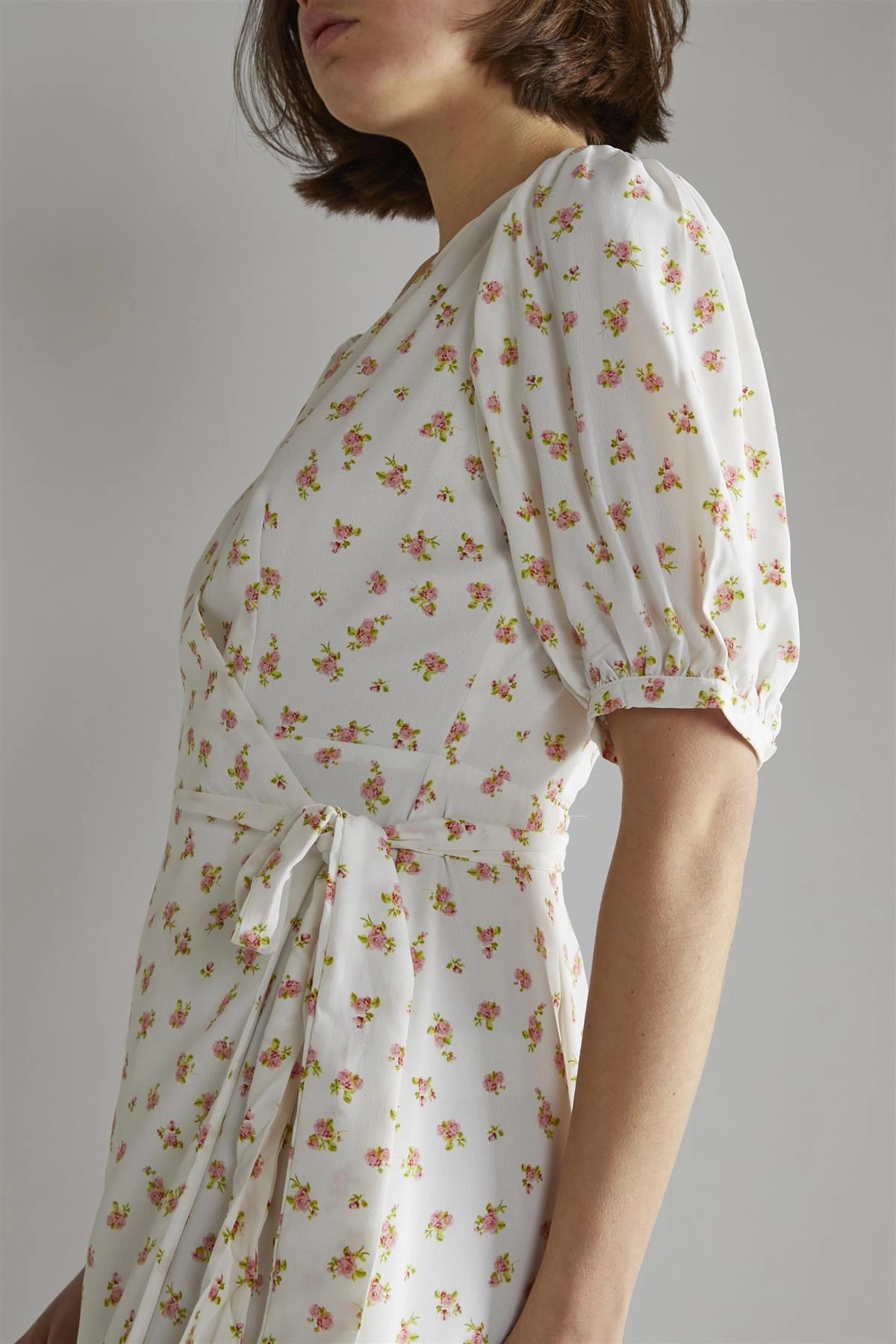 White Pink Ditsy V-neck Wrap Midi-Dress