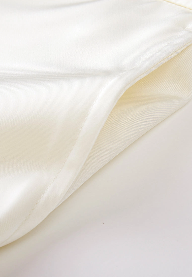 White Sheen Striaght-leg Tailored Pants with Elastic Back