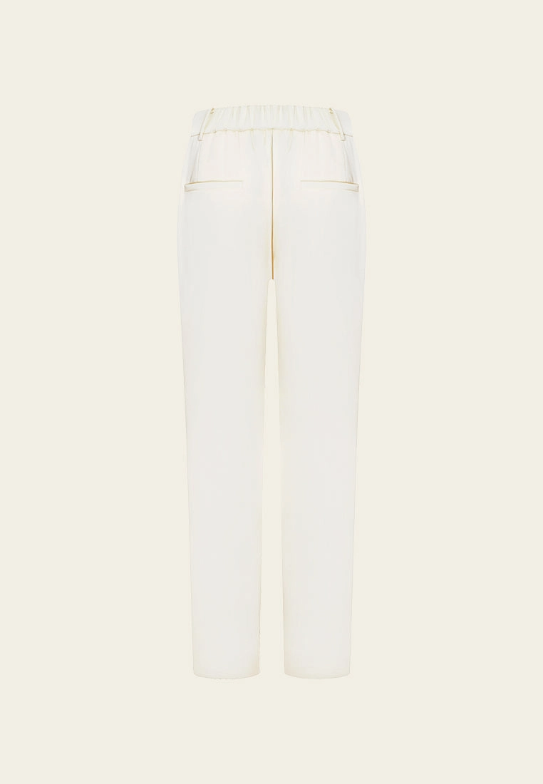 White Sheen Striaght-leg Tailored Pants with Elastic Back