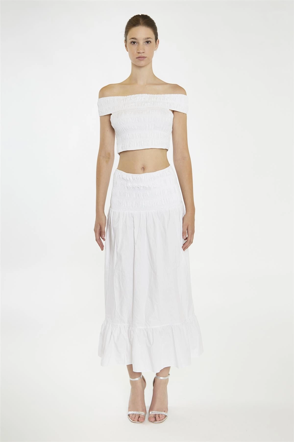 White Shirred-Waist Maxi-Skirt