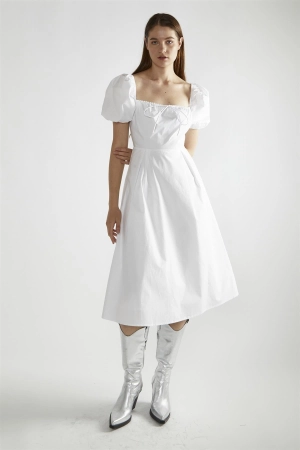 White Square-Neck Midi-Dress