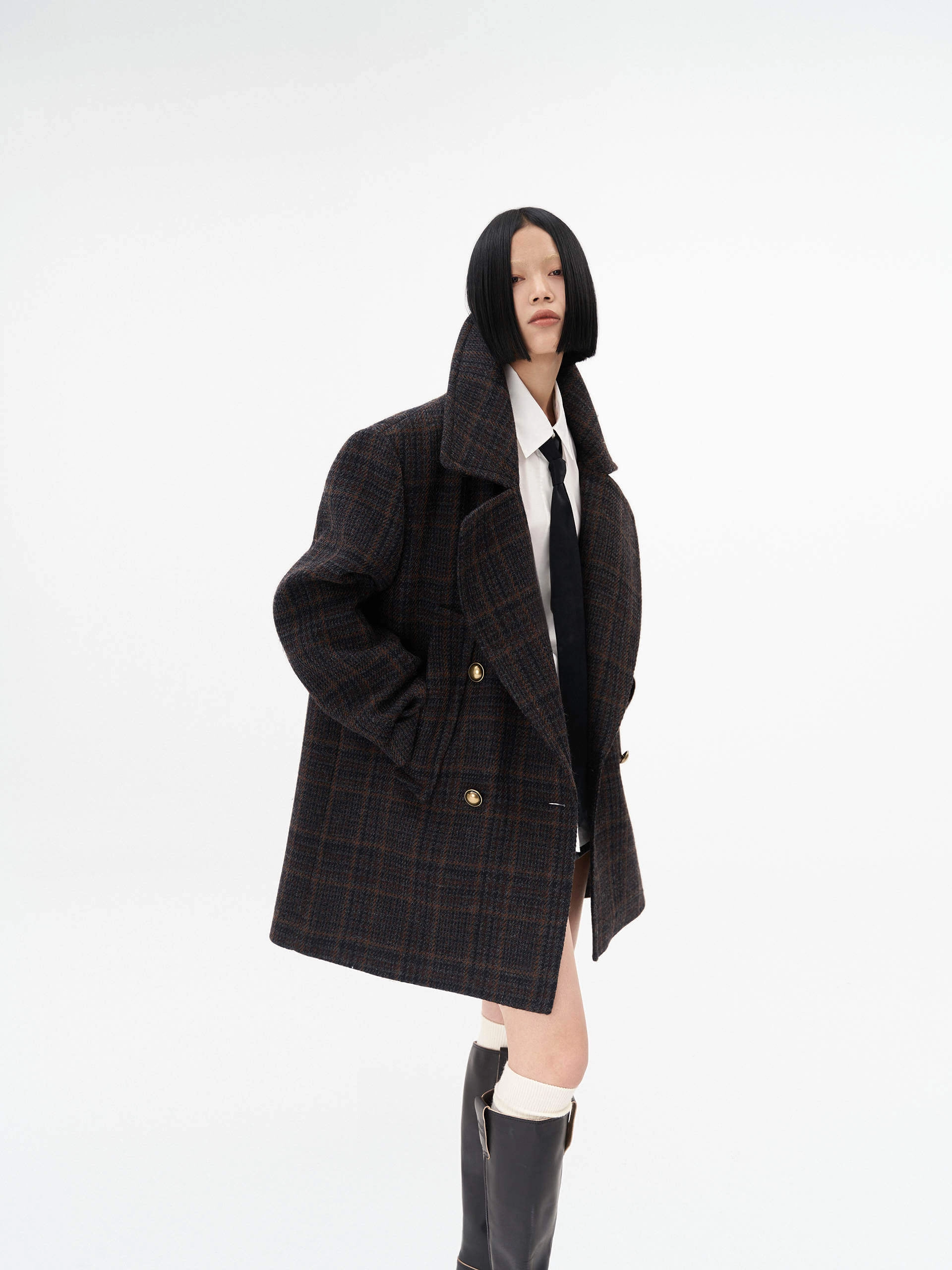Wide Collar Checked Coat