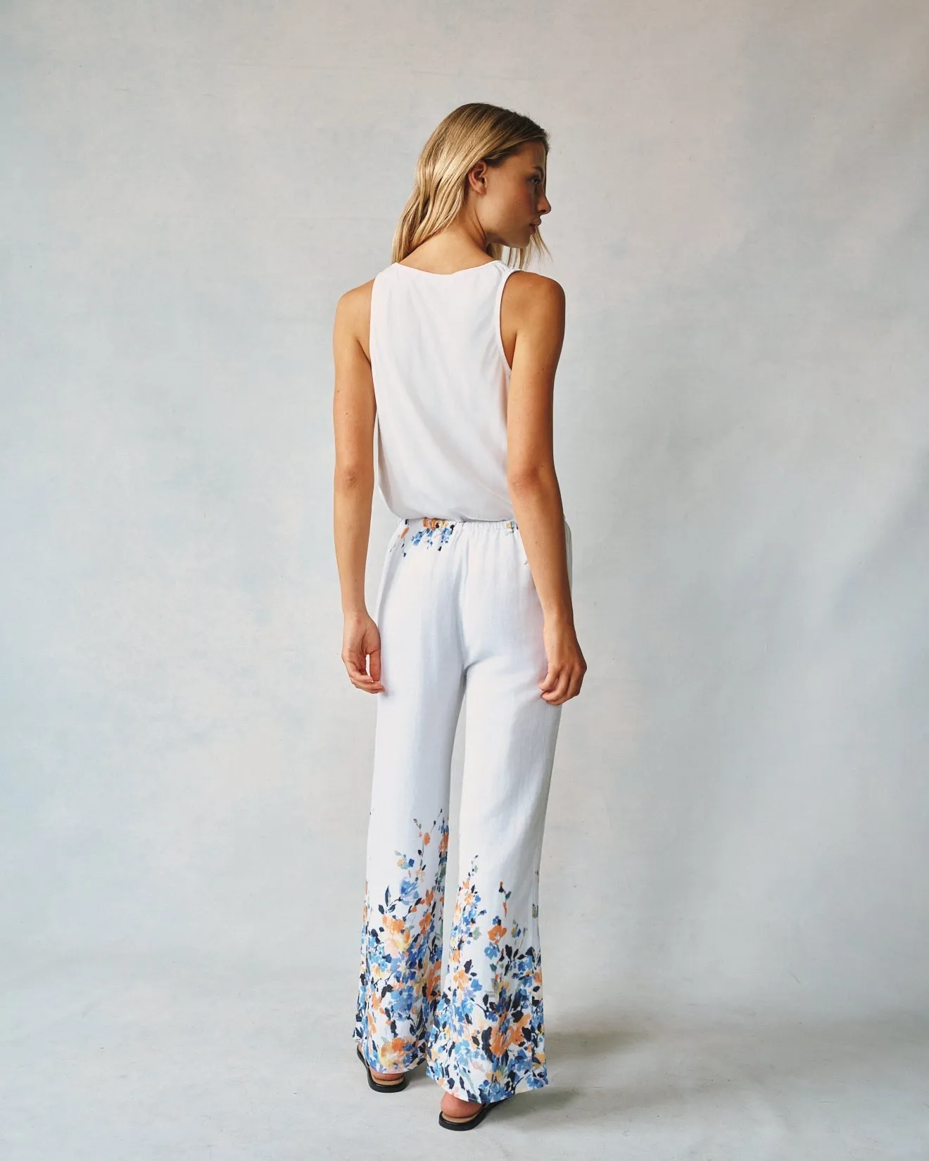 Wide Leg Pant W/ Drawcord - Floral Border Print