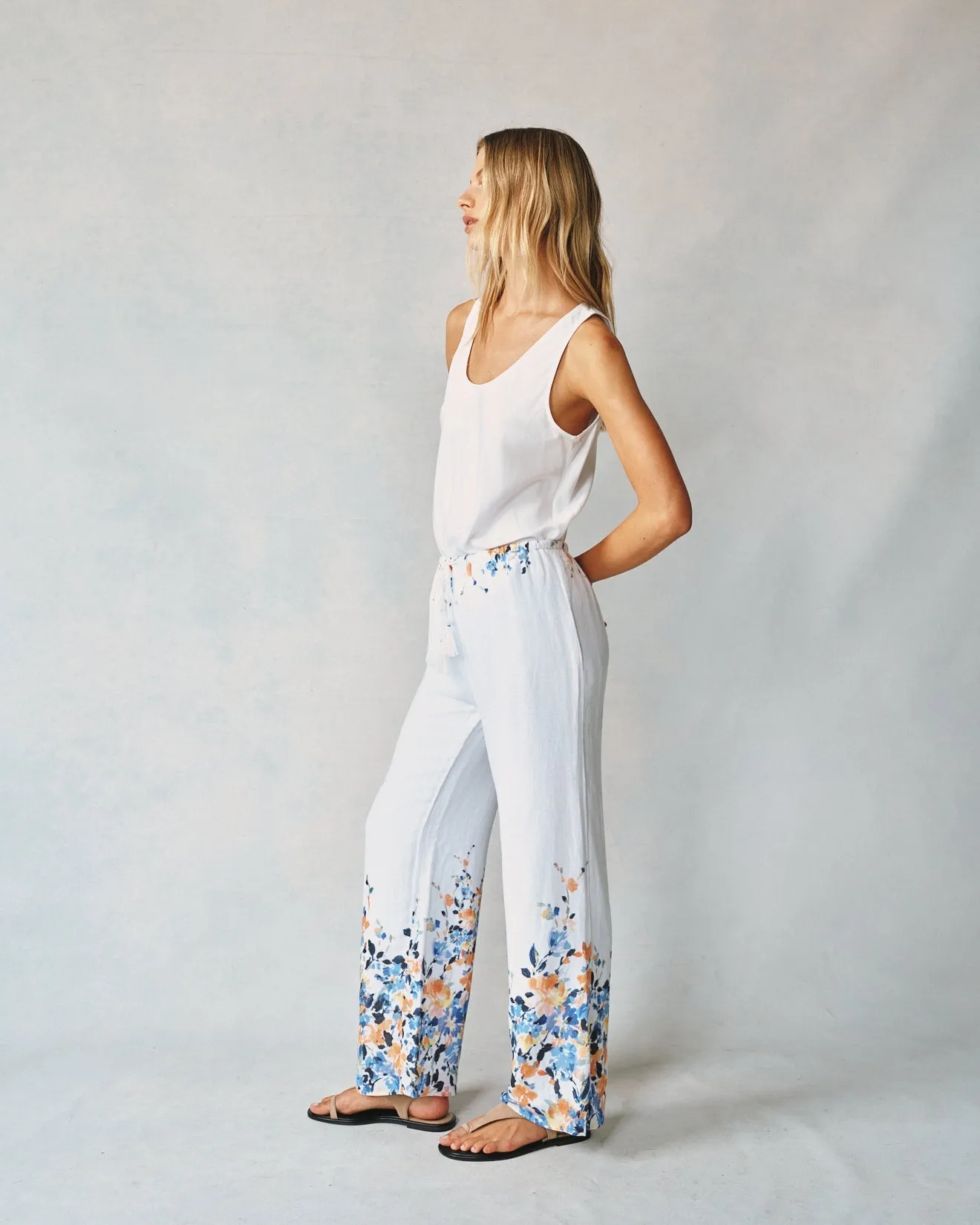 Wide Leg Pant W/ Drawcord - Floral Border Print
