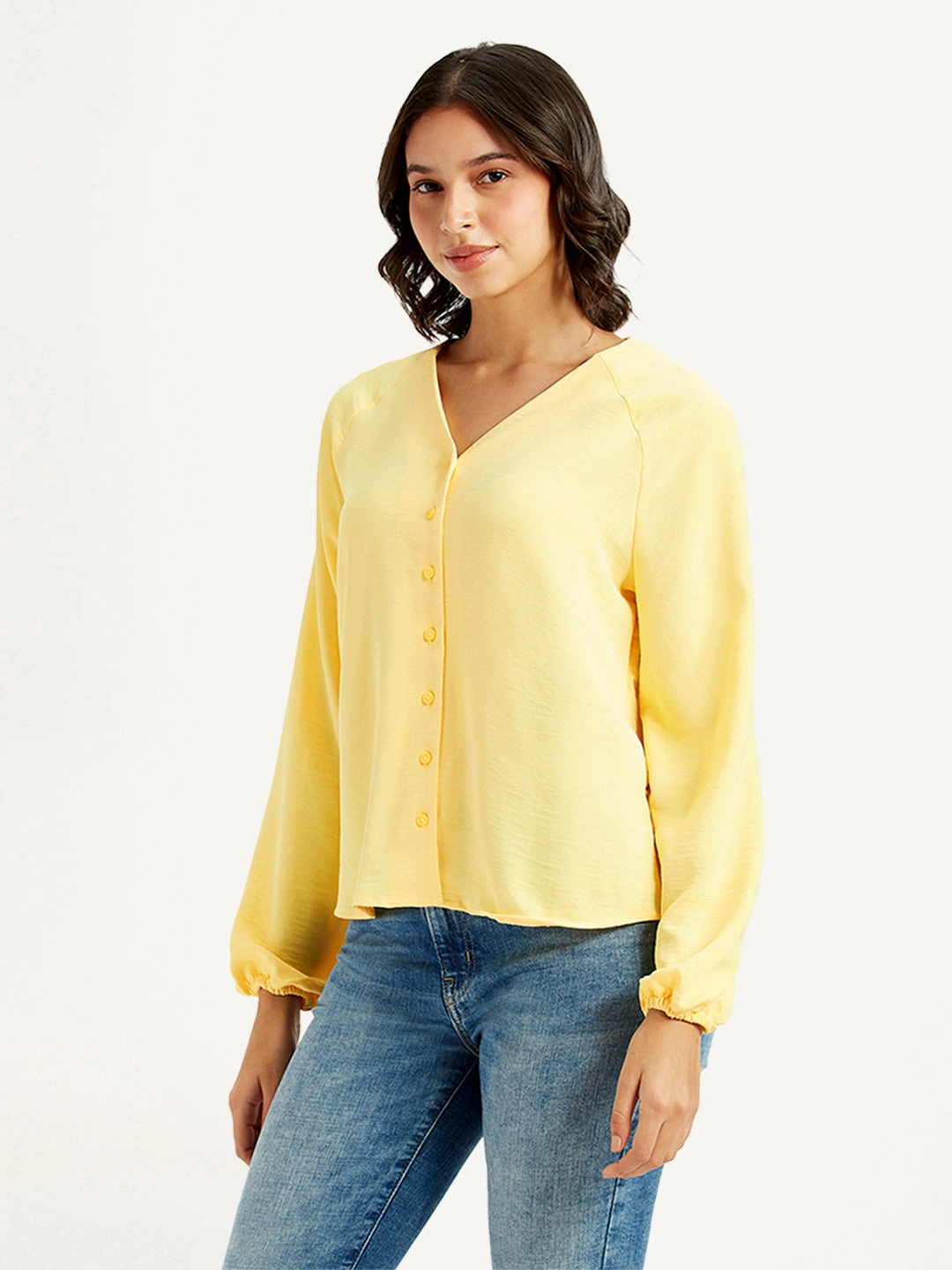 Women's Solid Yellow V Neck Top
