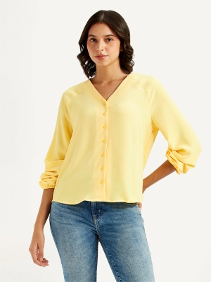 Women's Solid Yellow V Neck Top