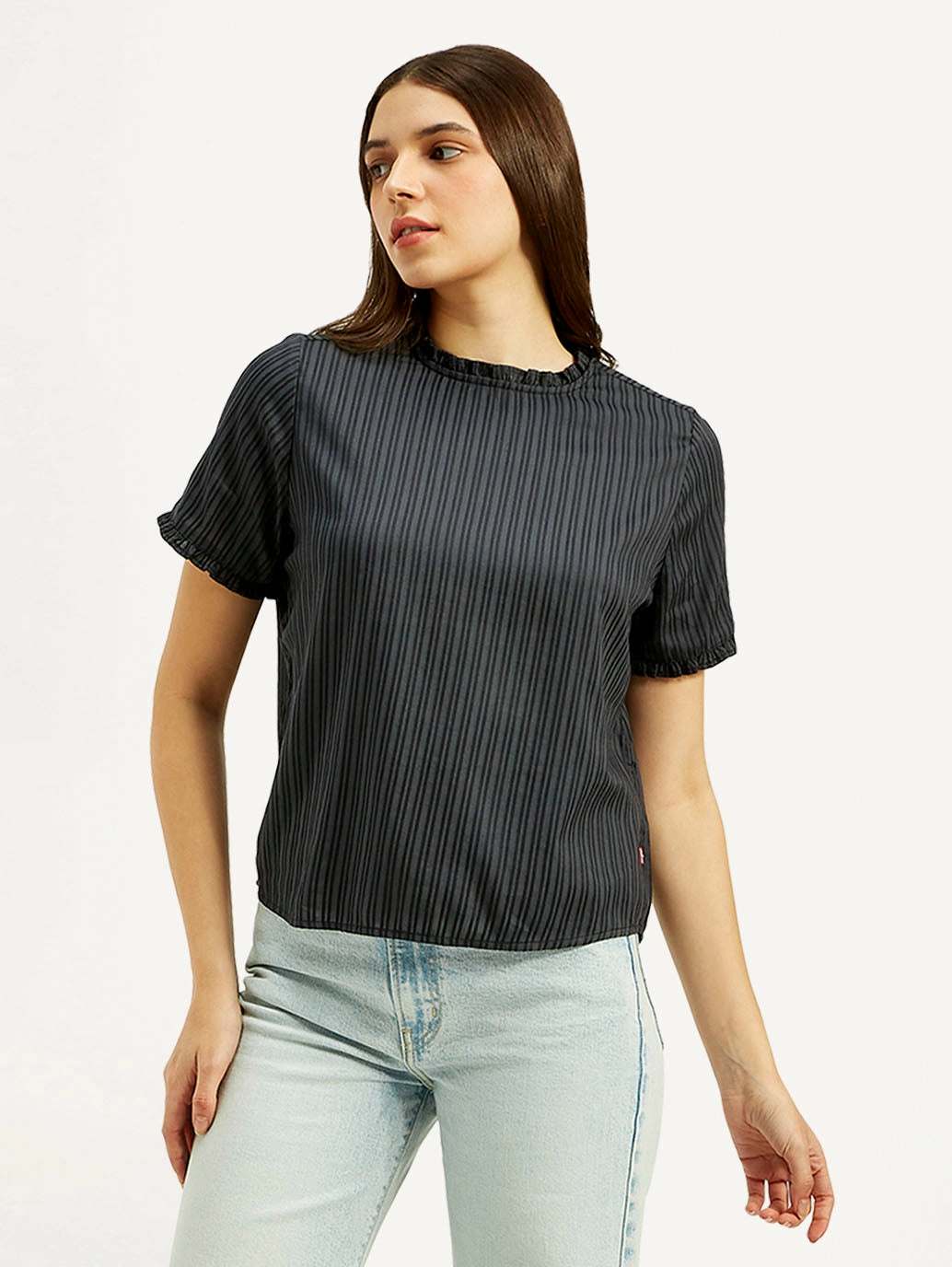 Women's Striped Charcoal Grey Collar Neck Top