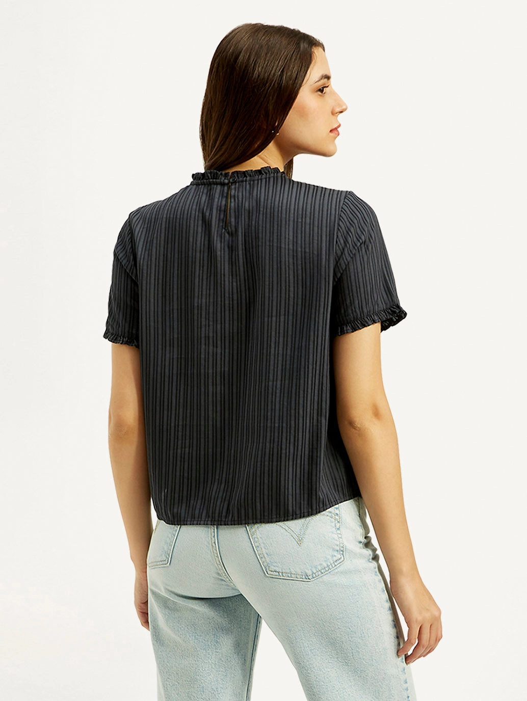 Women's Striped Charcoal Grey Collar Neck Top