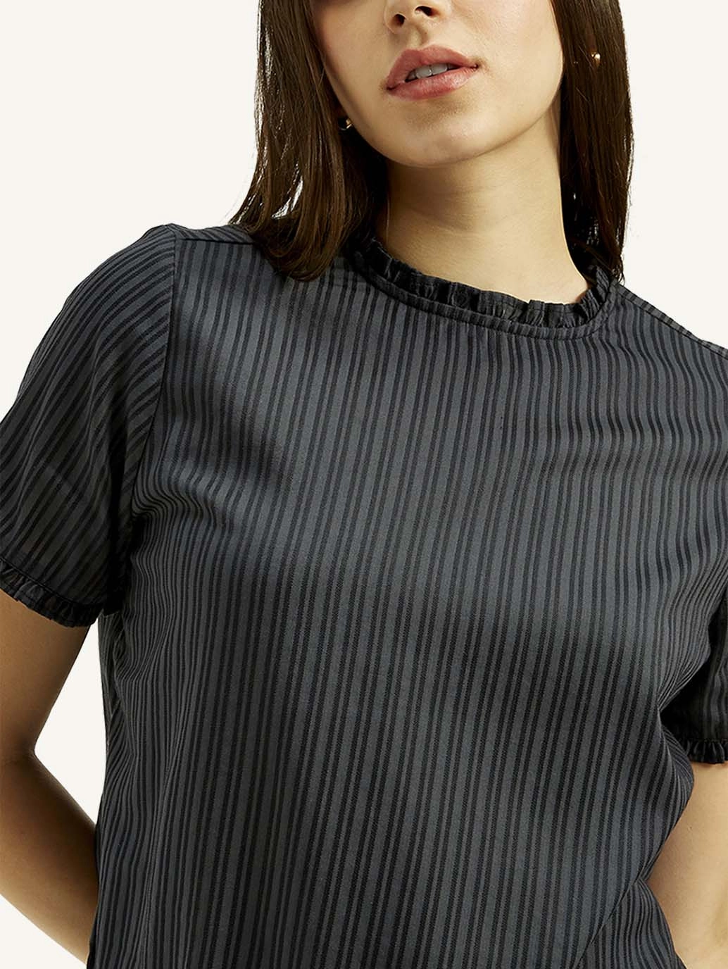 Women's Striped Charcoal Grey Collar Neck Top