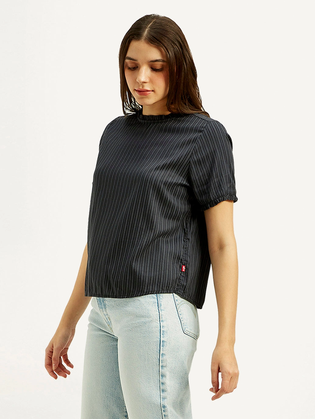 Women's Striped Charcoal Grey Collar Neck Top