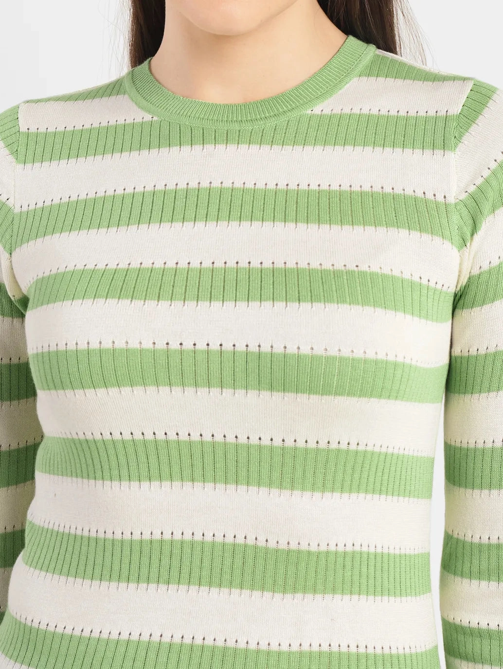 Women's Striped Green Crew Neck Sweater