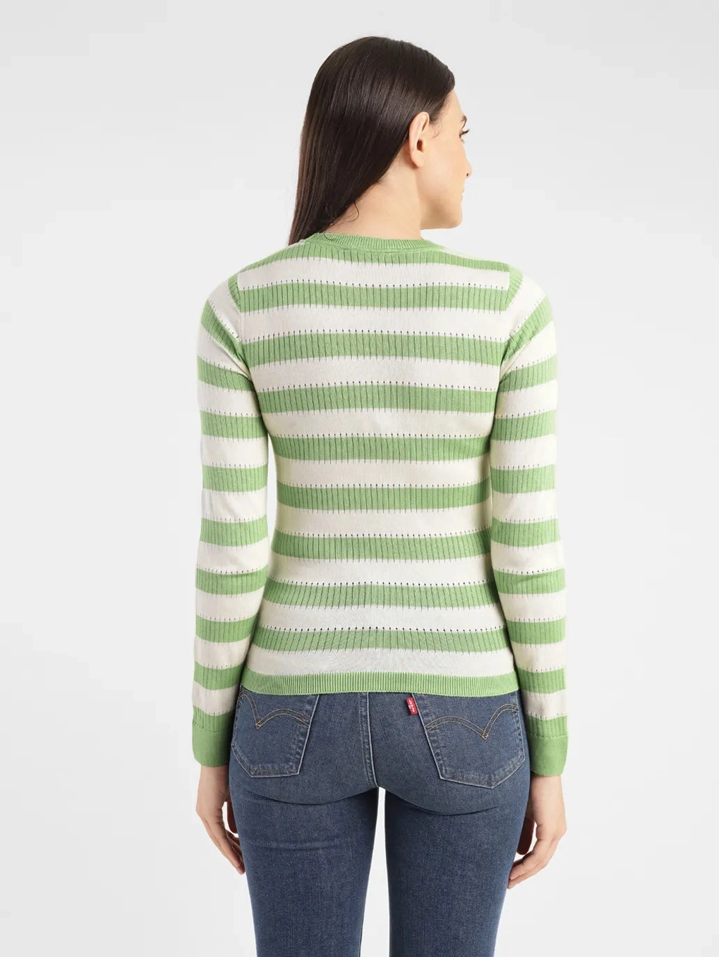 Women's Striped Green Crew Neck Sweater