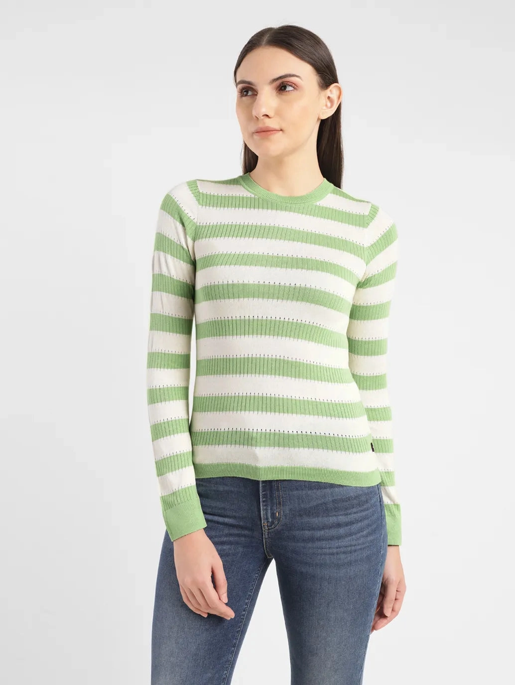 Women's Striped Green Crew Neck Sweater