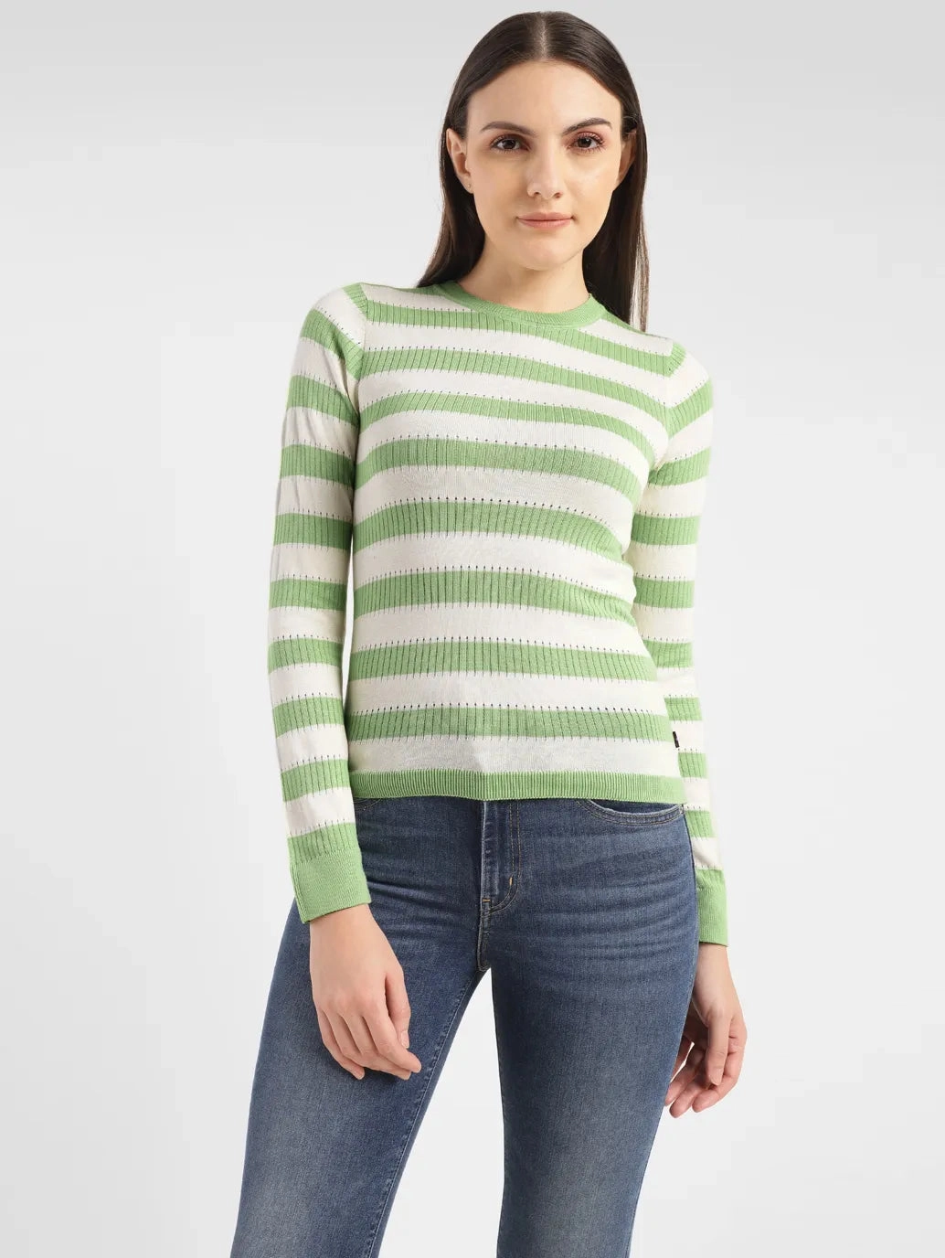 Women's Striped Green Crew Neck Sweater