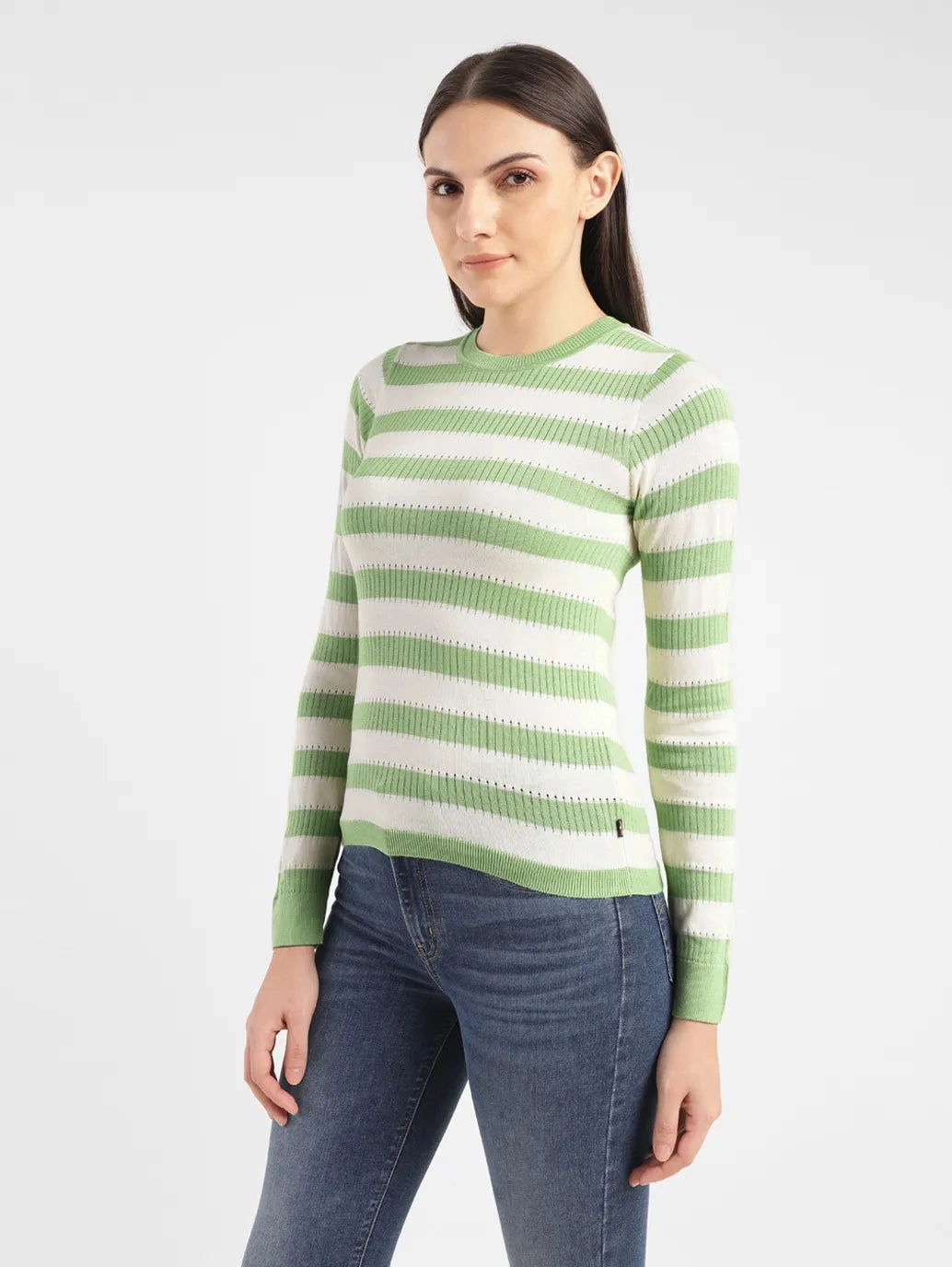 Women's Striped Green Crew Neck Sweater
