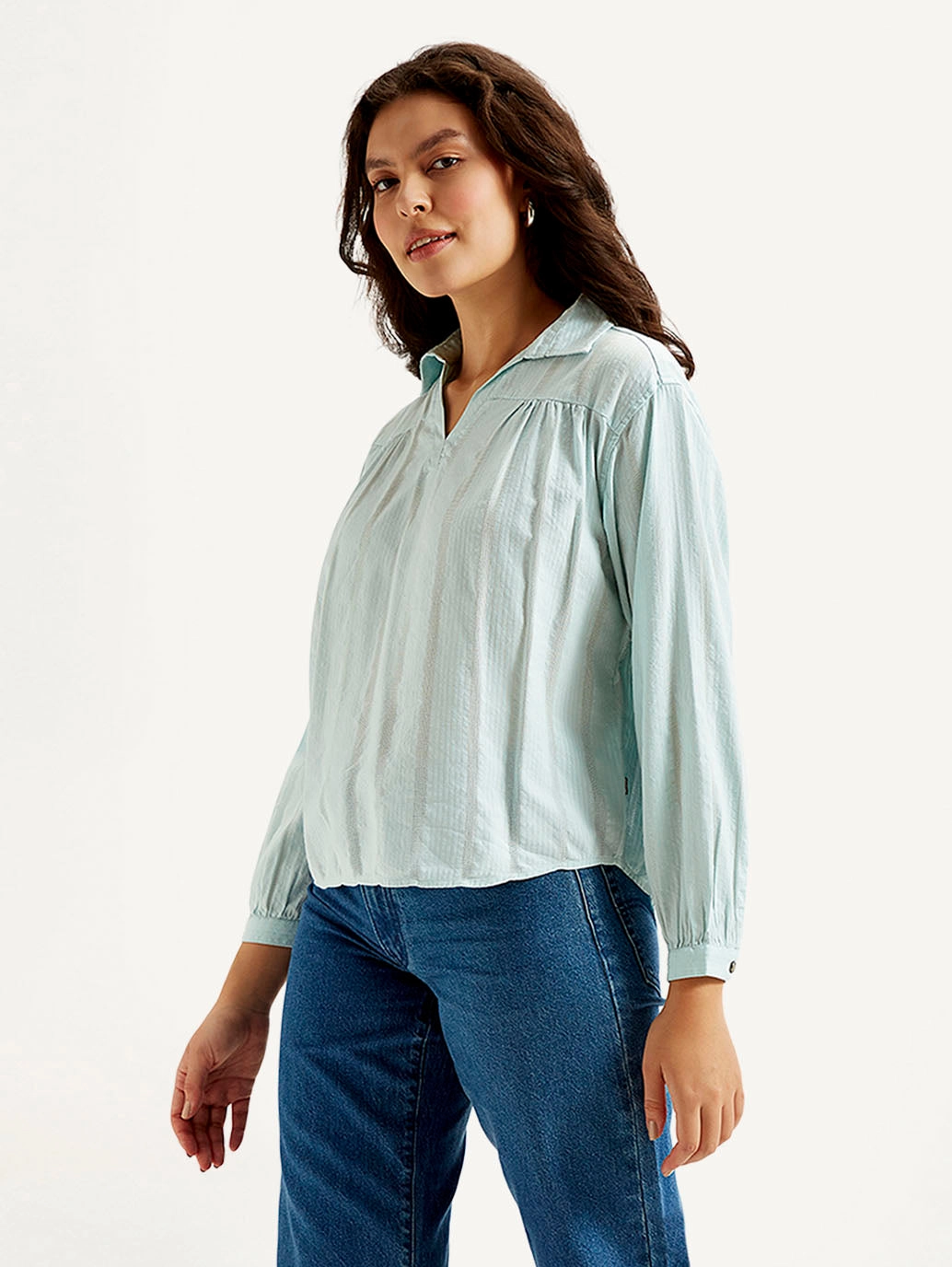 Women's Striped Light Blue Spread Collar Top