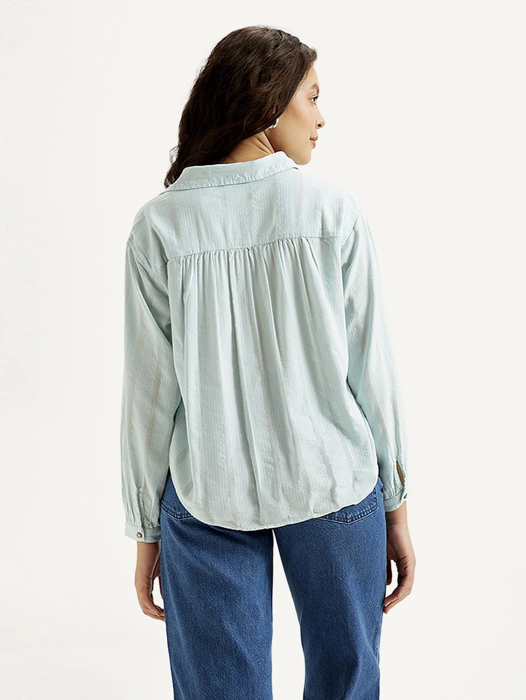 Women's Striped Light Blue Spread Collar Top