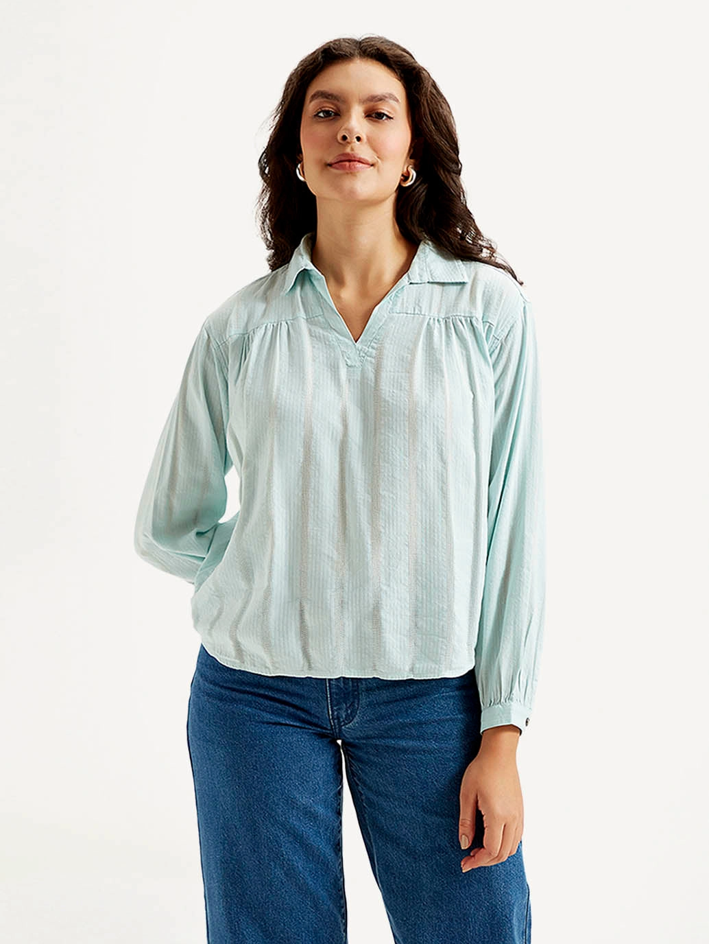 Women's Striped Light Blue Spread Collar Top