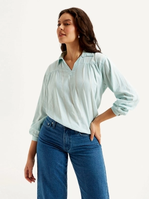 Women's Striped Light Blue Spread Collar Top
