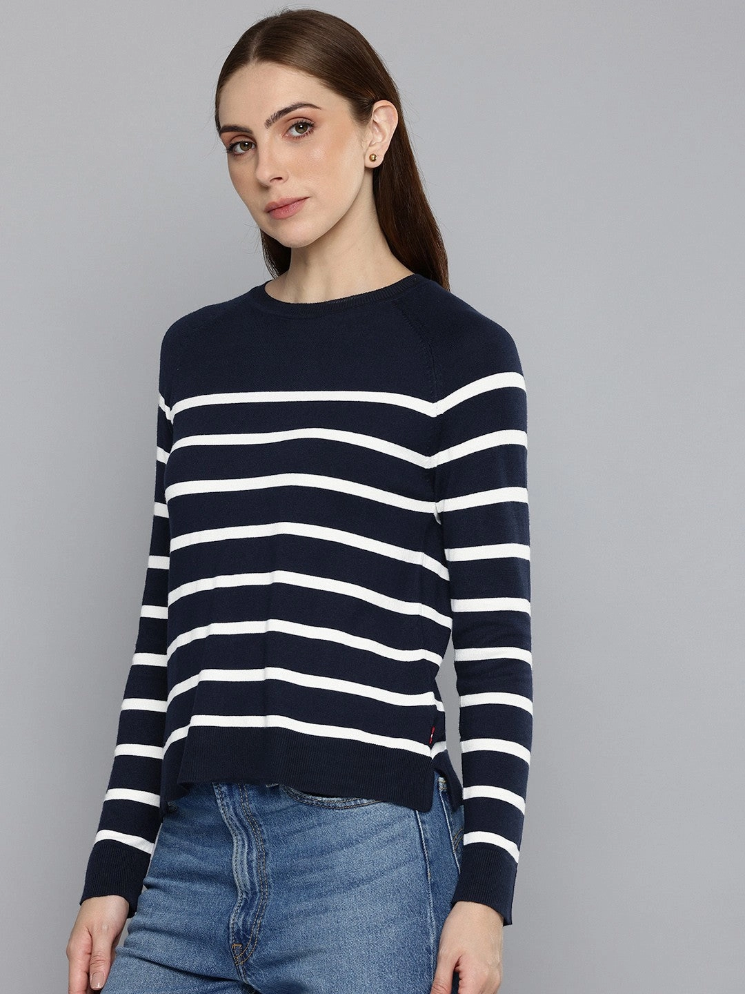 Women's Striped Navy Crew Neck Sweater