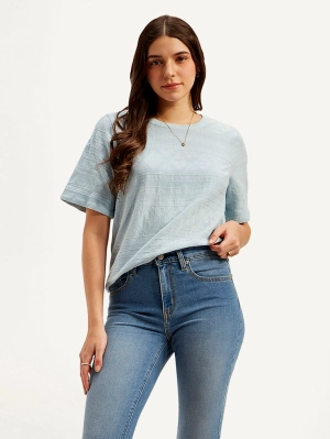 Women's Textured Light Blue Round Neck Top