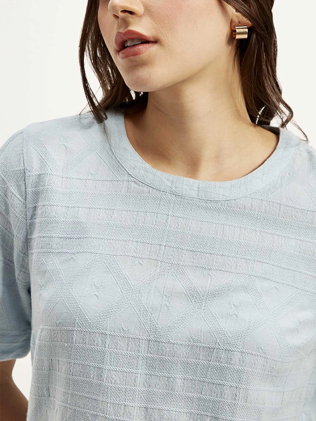 Women's Textured Light Blue Round Neck Top