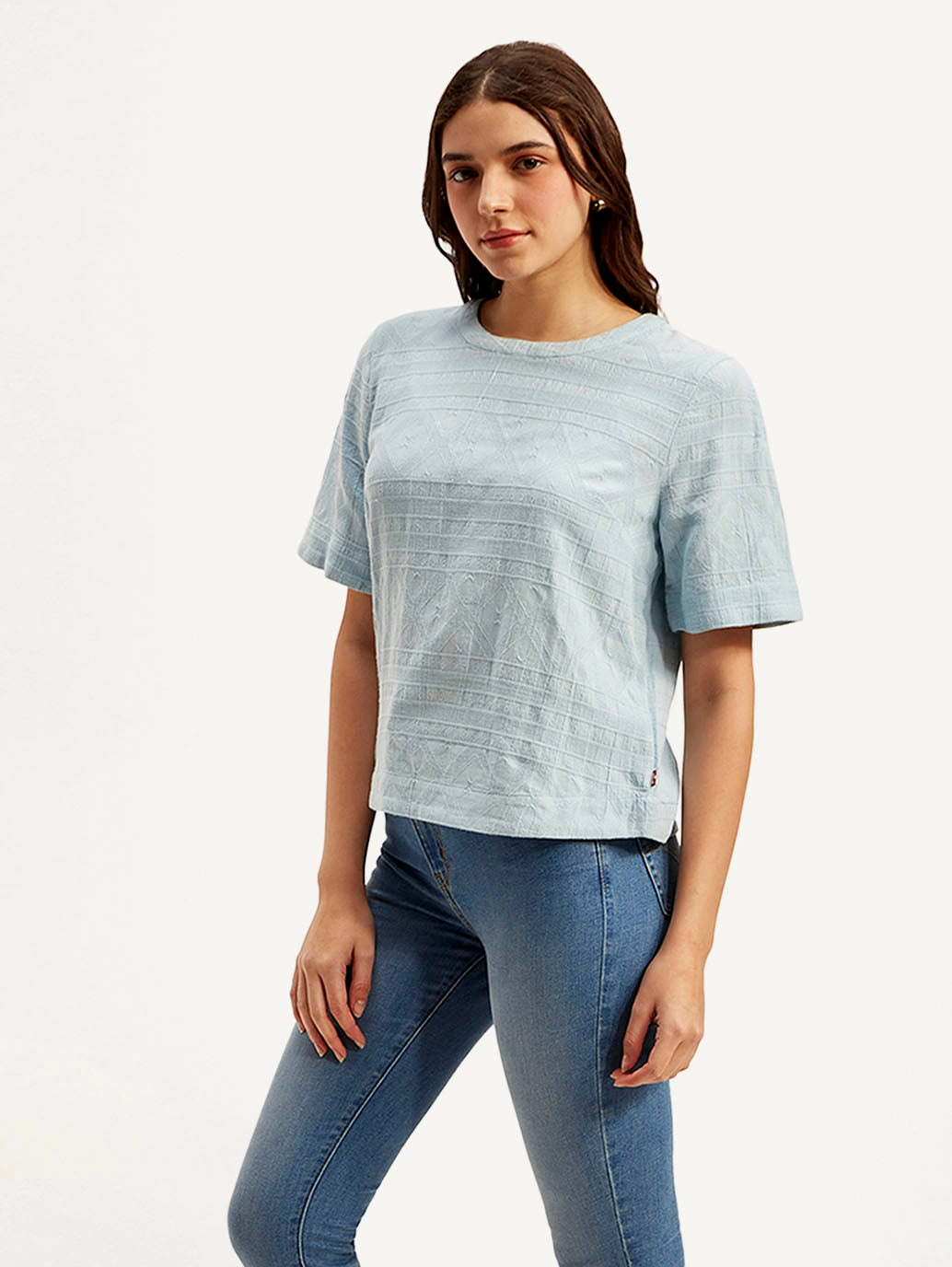 Women's Textured Light Blue Round Neck Top