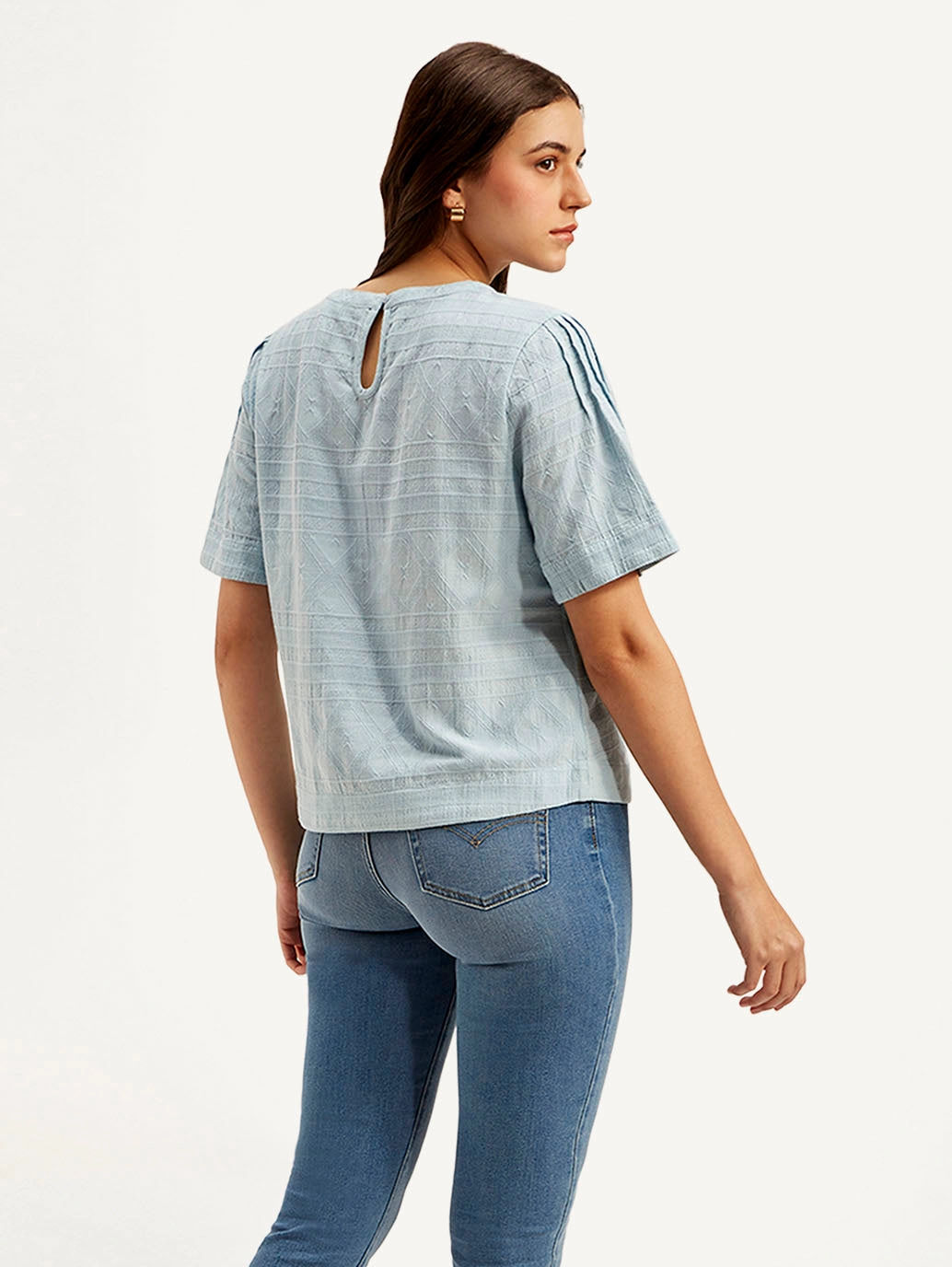Women's Textured Light Blue Round Neck Top