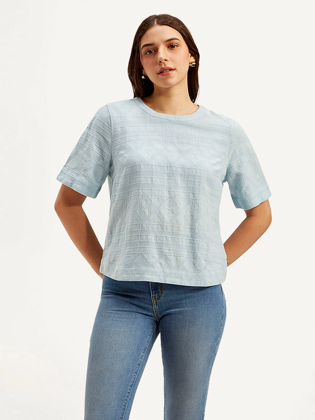 Women's Textured Light Blue Round Neck Top