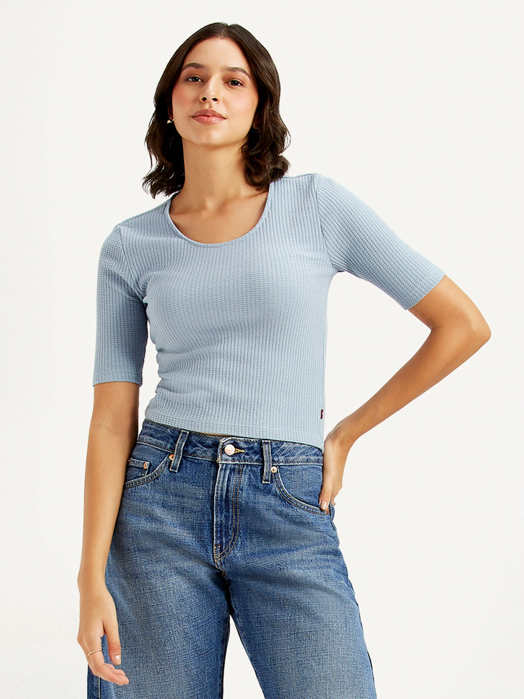 Women's Textured Light Blue Scoop Neck Top