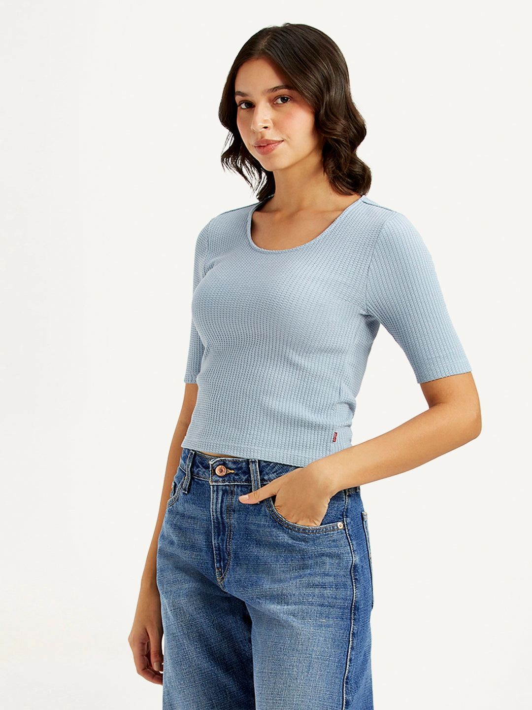 Women's Textured Light Blue Scoop Neck Top