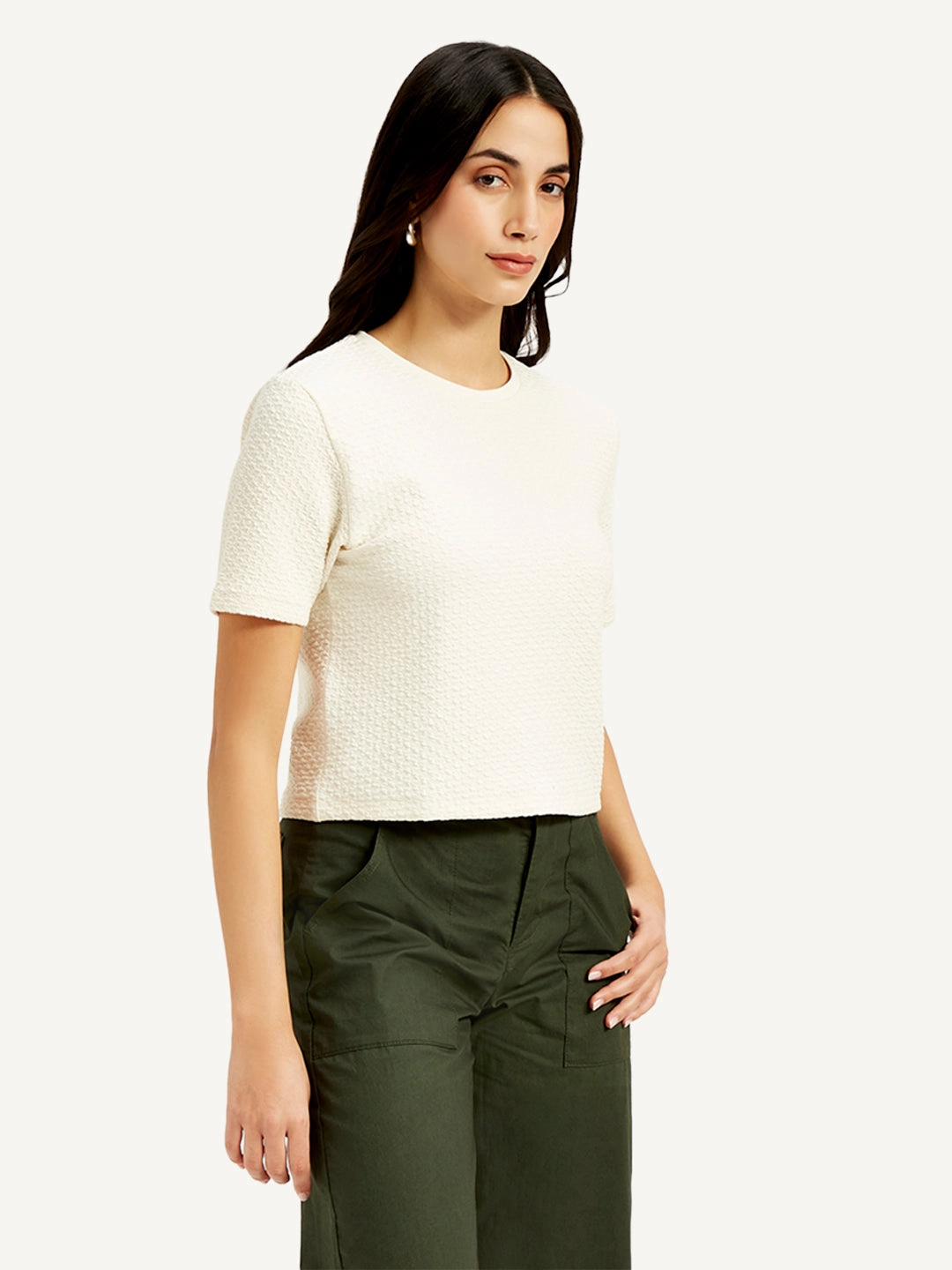Women's Textured White Crew Neck Top