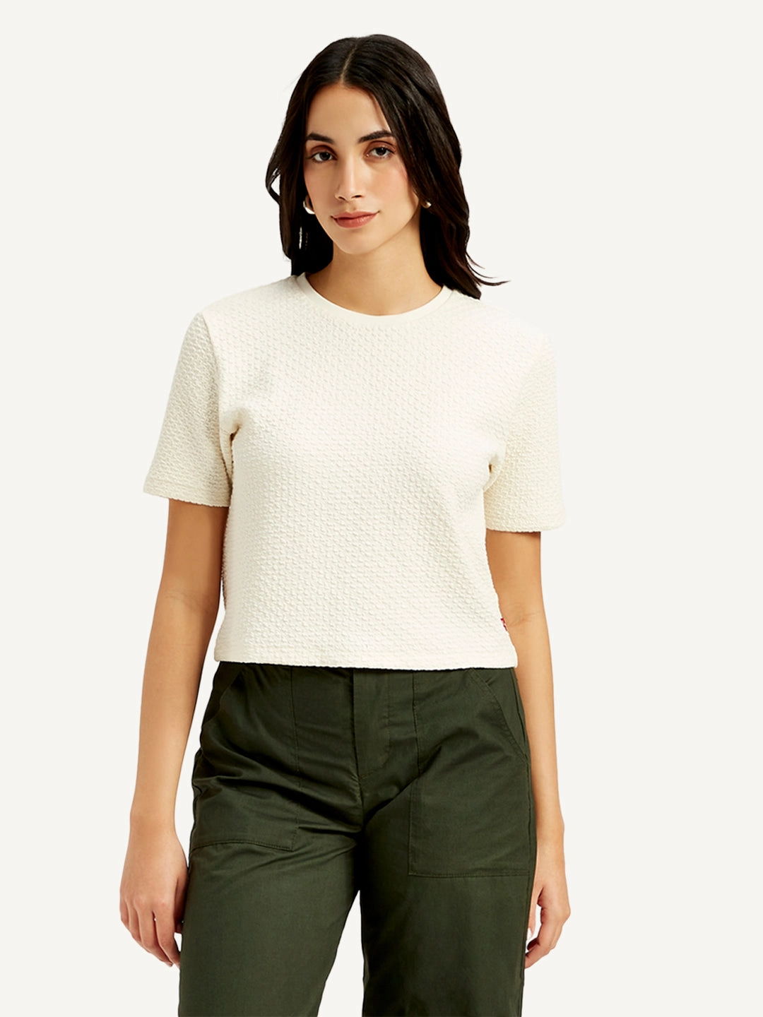 Women's Textured White Crew Neck Top