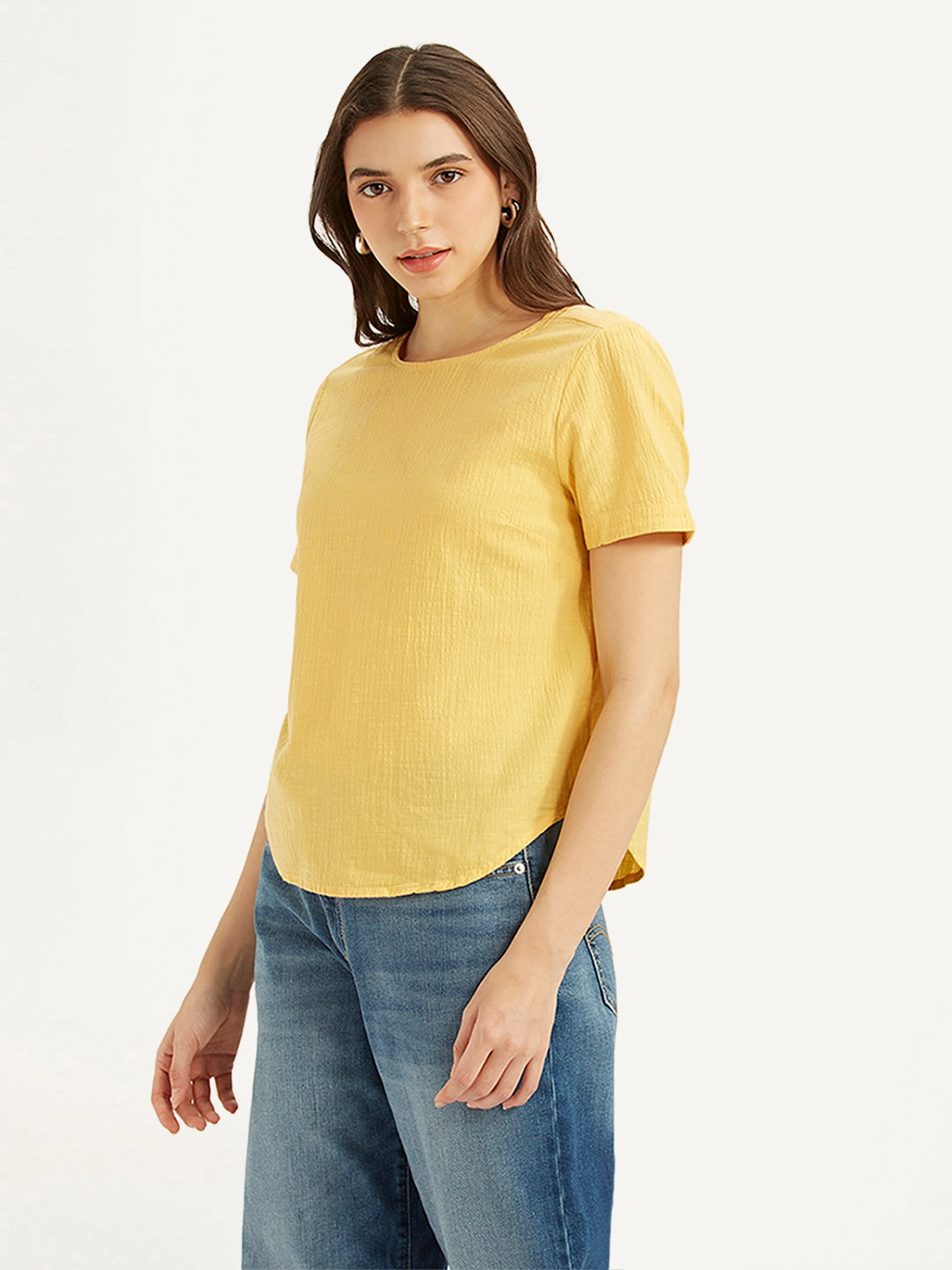 Women's Textured Yellow Round Neck Top