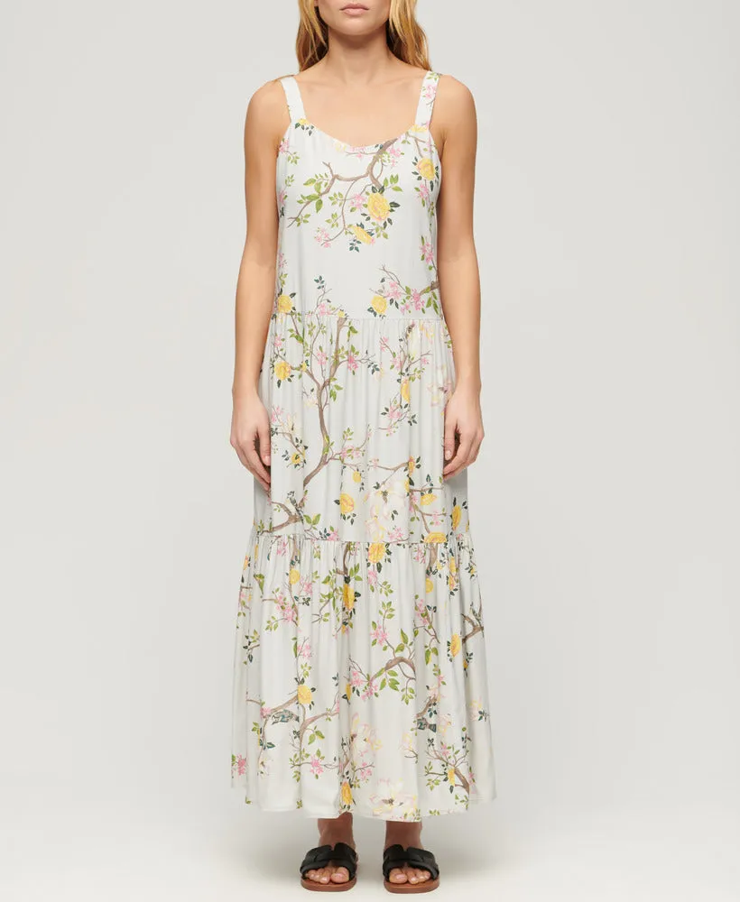 Woven Tiered Maxi Dress | Blossom Birds Grey
