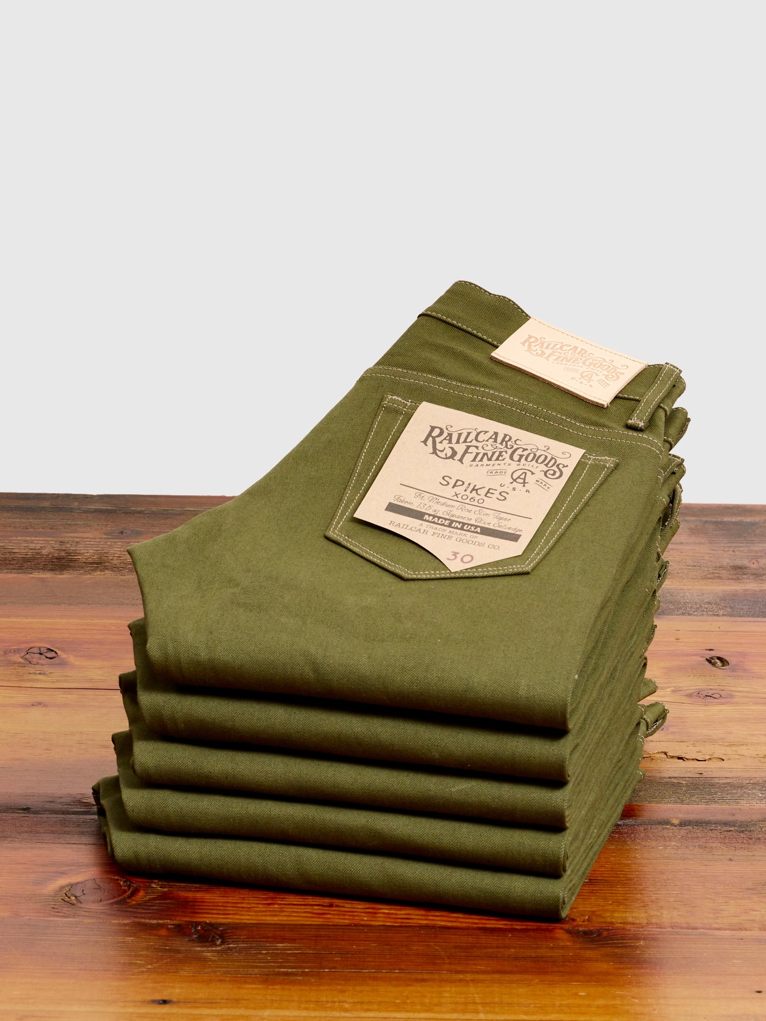 X060 13.5oz Olive Green Selvedge Denim - Spikes Fit