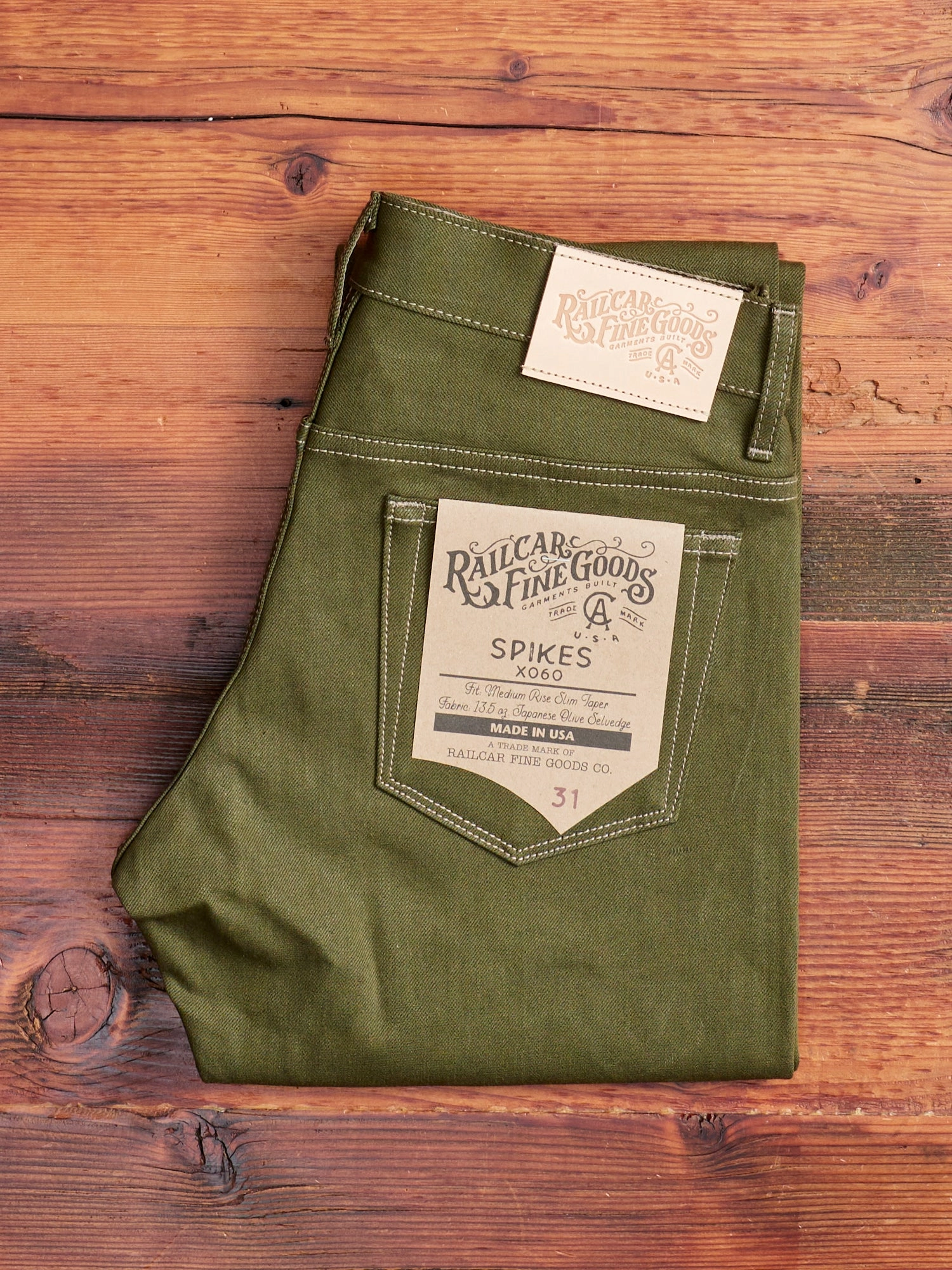 X060 13.5oz Olive Green Selvedge Denim - Spikes Fit