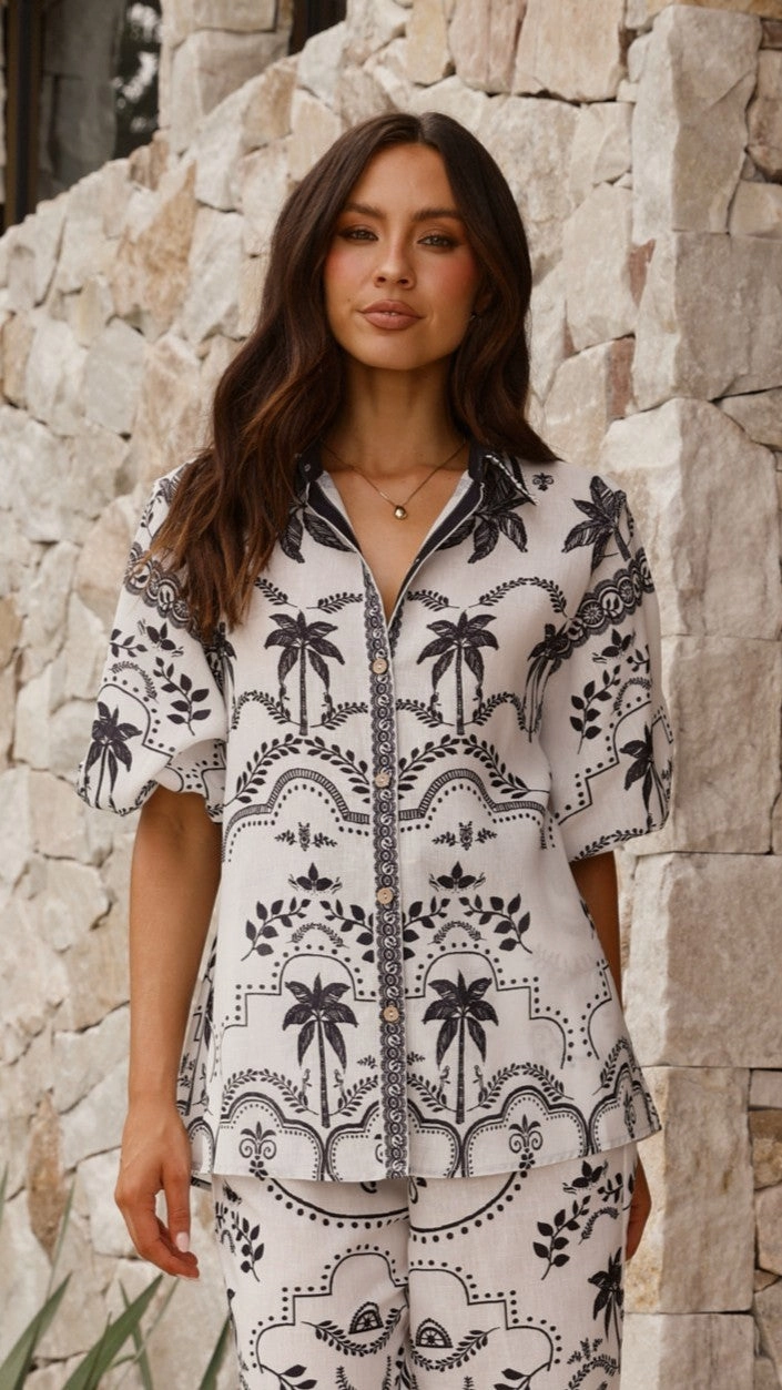 Xander 3/4 Sleeve Button Down Shirt - Black/White