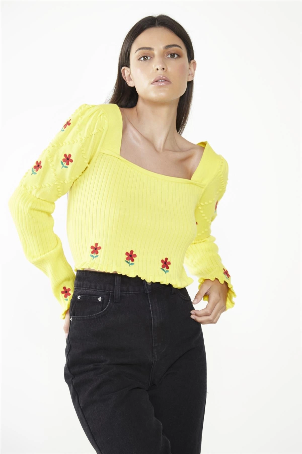Yellow Floral-Print Long-Sleeve Jumper