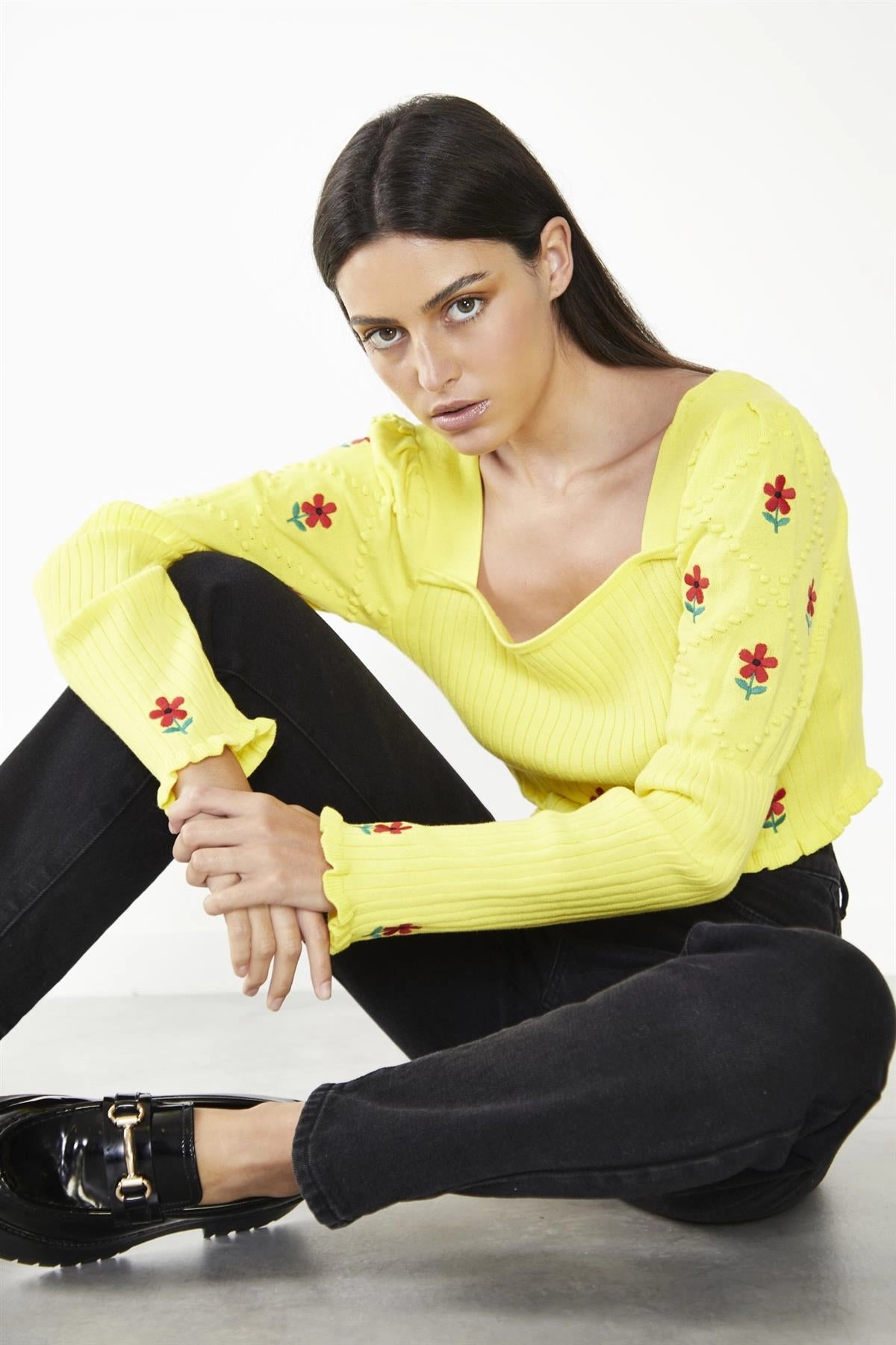Yellow Floral-Print Long-Sleeve Jumper