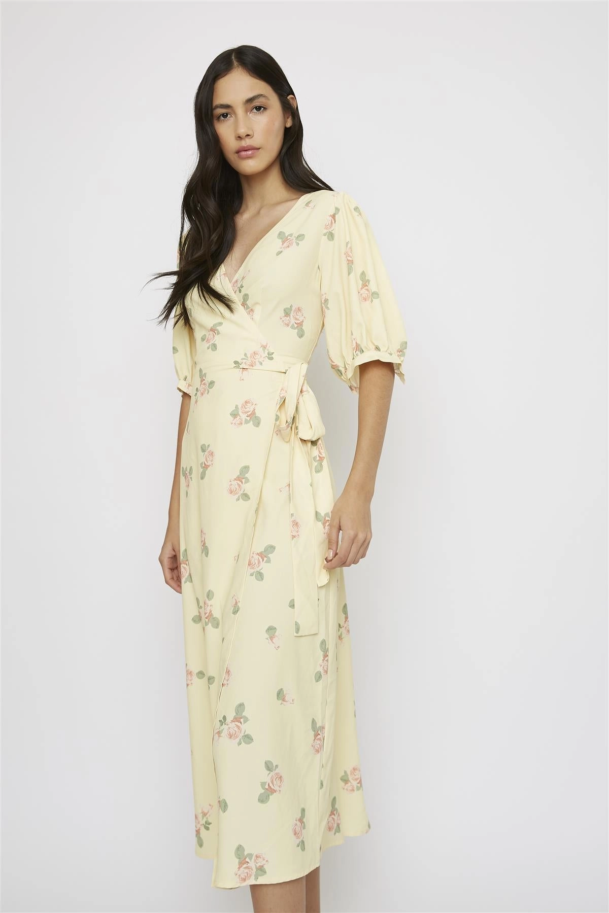 Yellow-Pink-Rose V-Neck-Wrap Midi-Dress