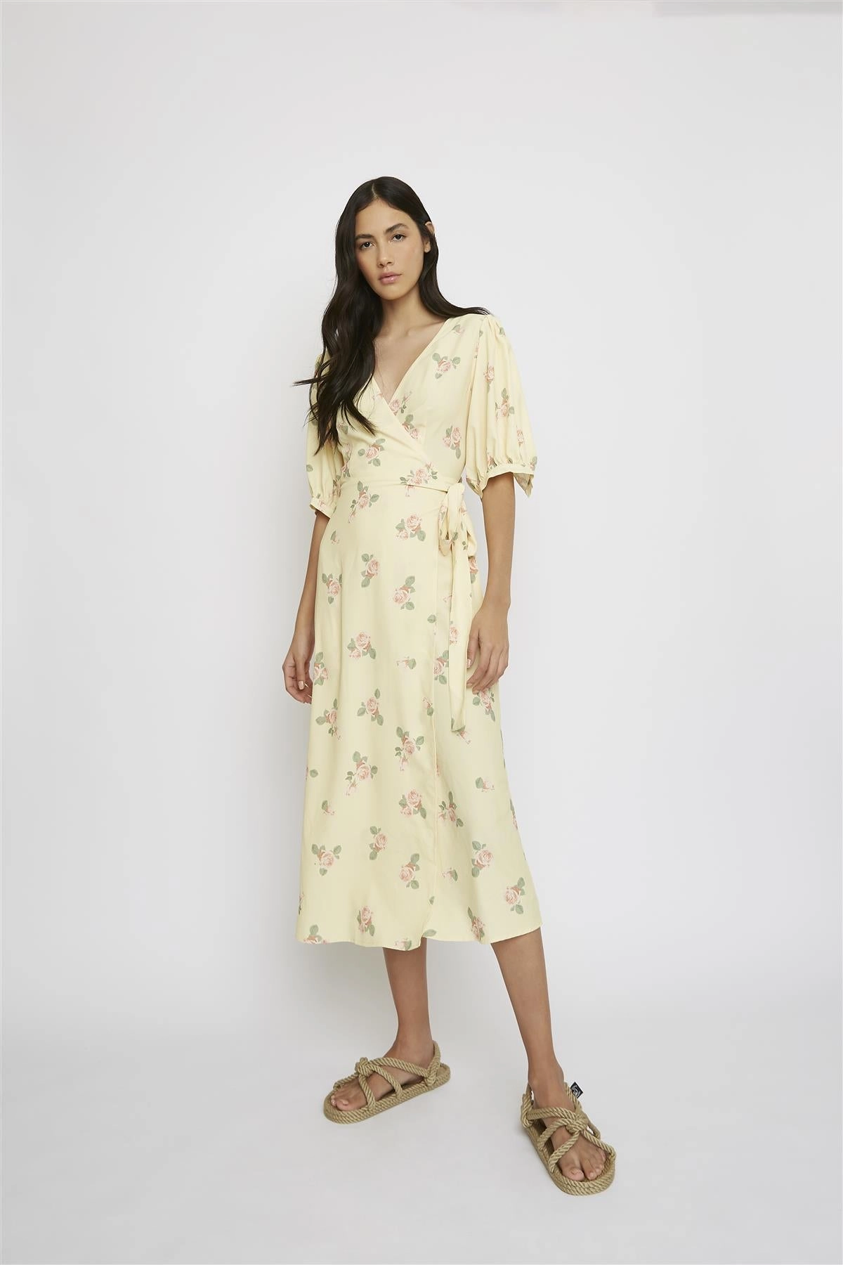 Yellow-Pink-Rose V-Neck-Wrap Midi-Dress