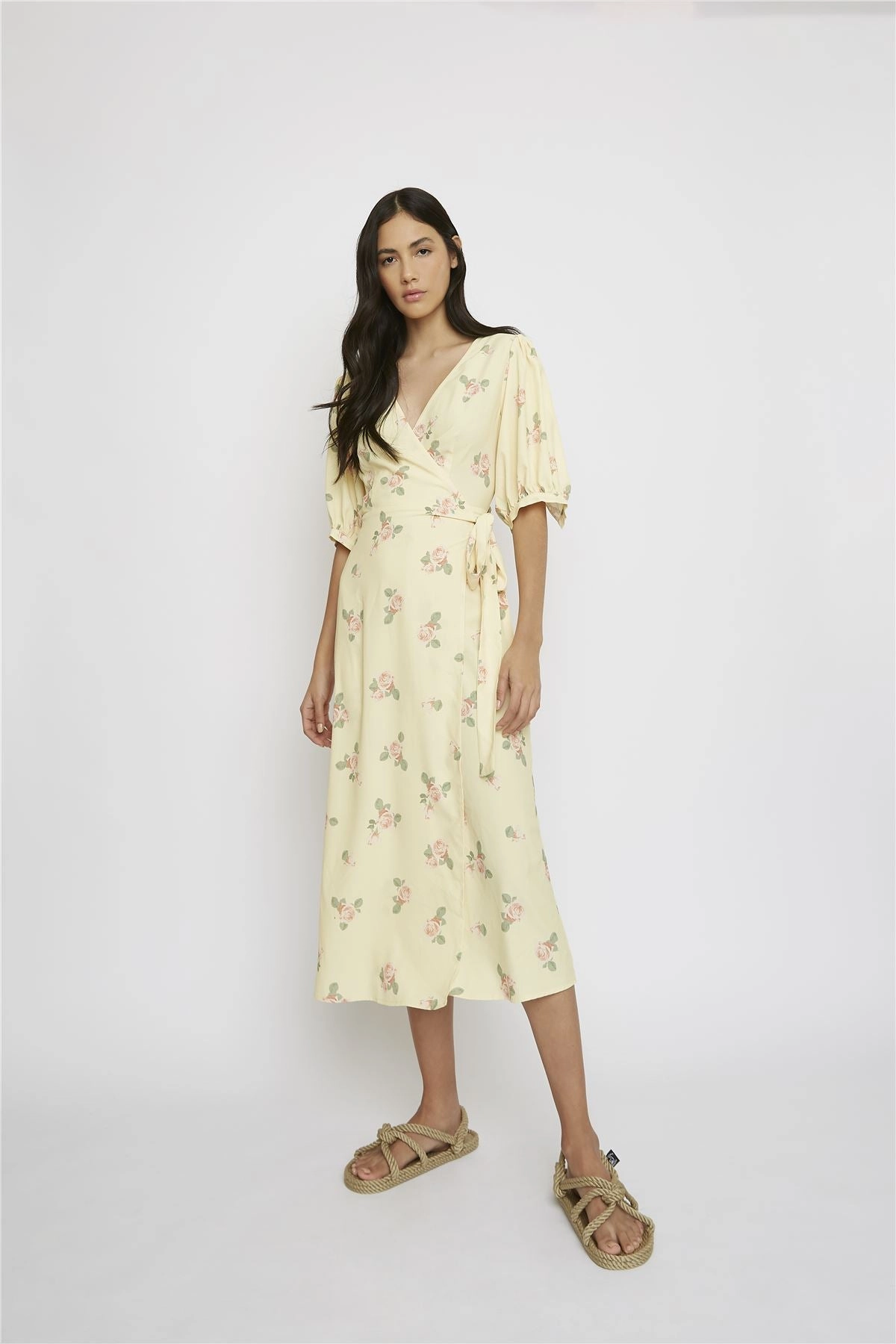 Yellow-Pink-Rose V-Neck-Wrap Midi-Dress