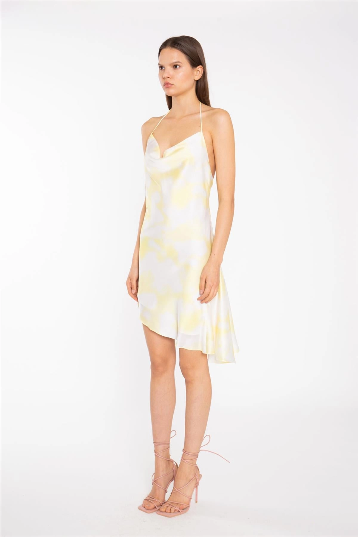 Yellow Print-Satin Asymmetric Cowl-Neck Mini-Dress